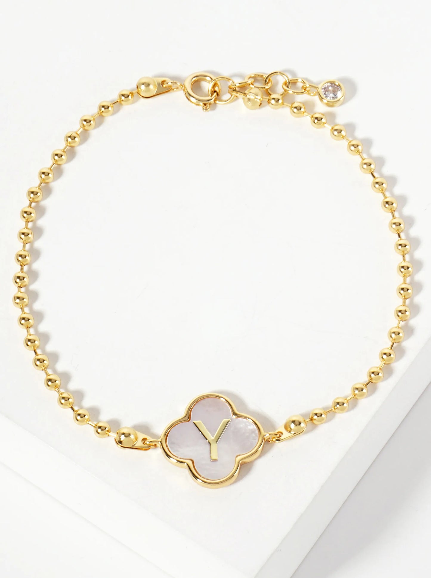 14mm 18K-Gold-Dipped Brass Mother-of-Pearl Quatrefoil Initial Monogram Ball-Chain Bracelet