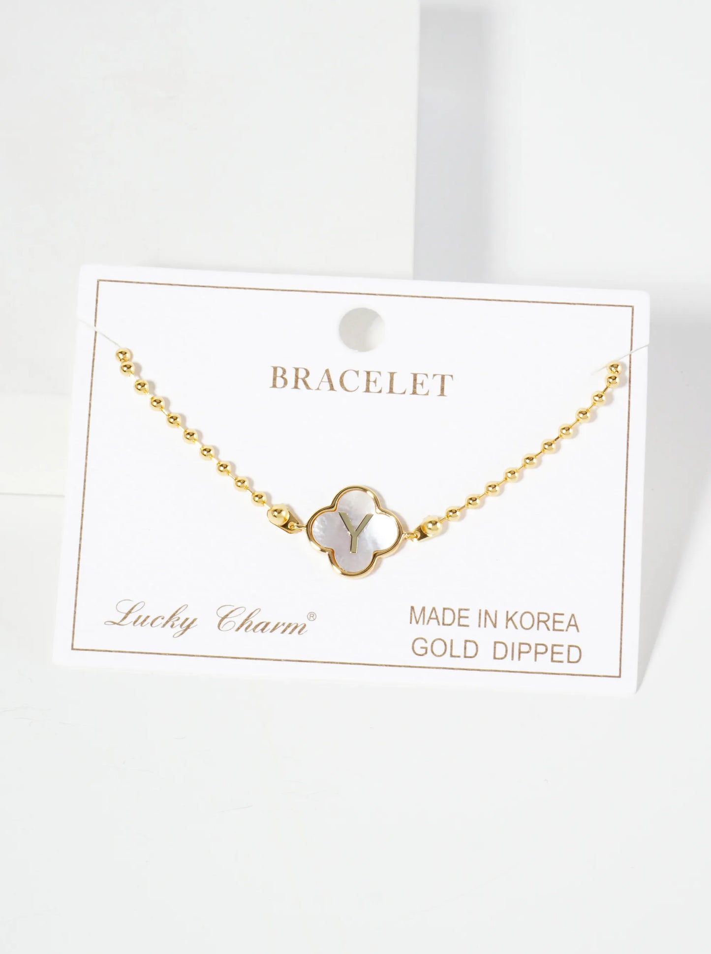 14mm 18K-Gold-Dipped Brass Mother-of-Pearl Quatrefoil Initial Monogram Ball-Chain Bracelet