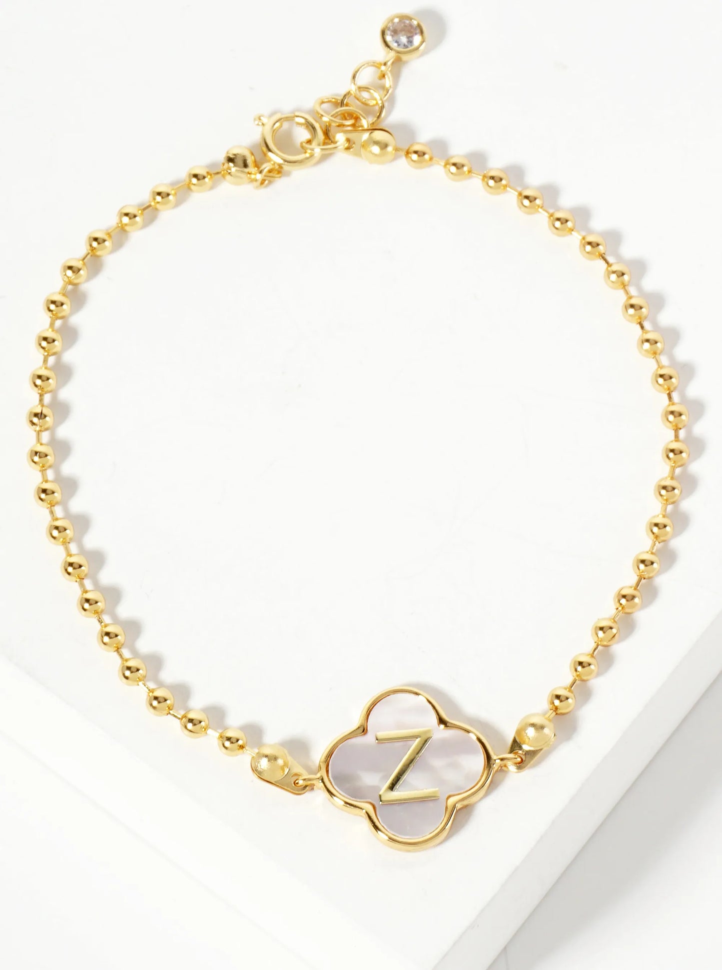 14mm 18K-Gold-Dipped Brass Mother-of-Pearl Quatrefoil Initial Monogram Ball-Chain Bracelet