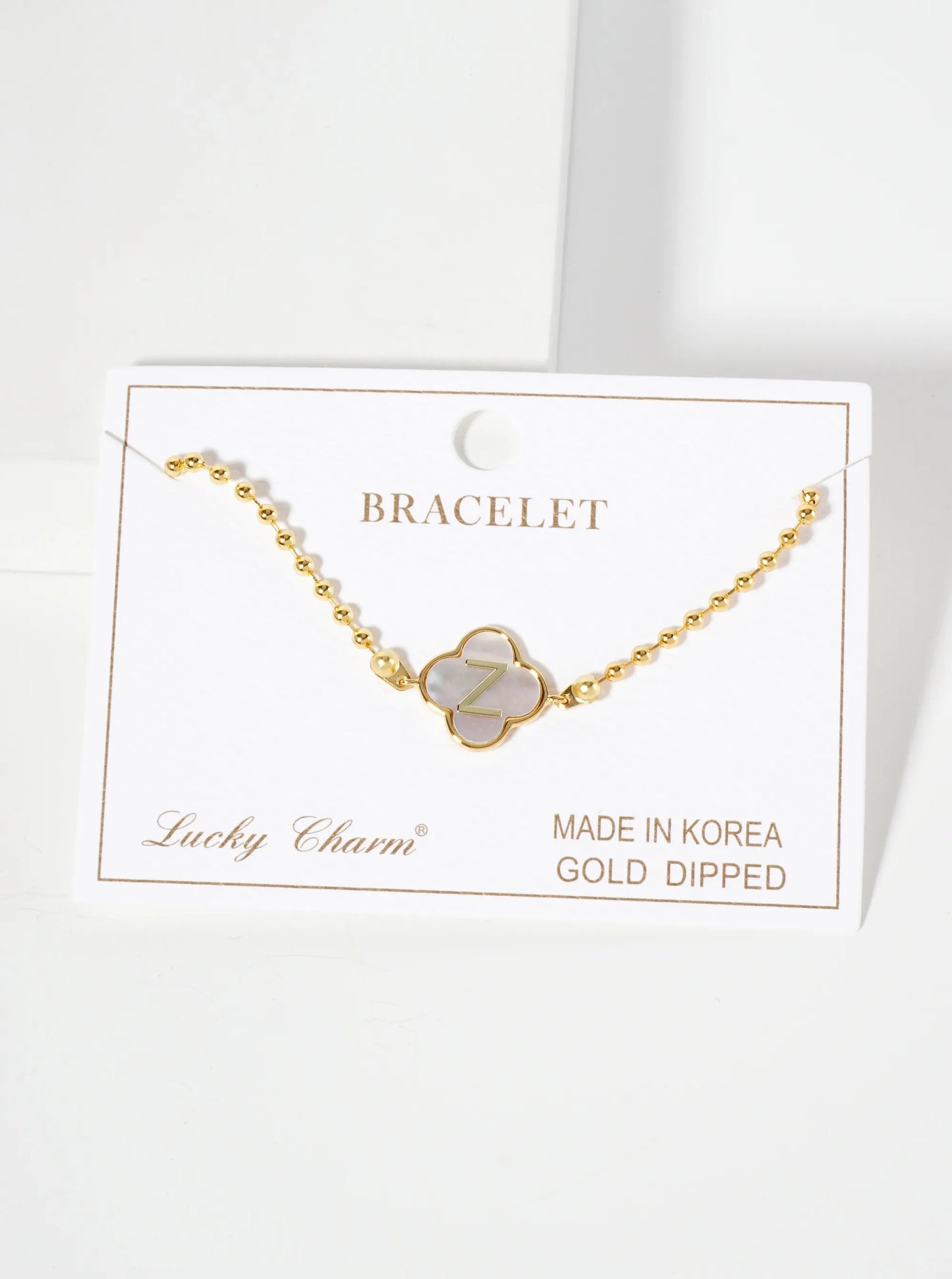 14mm 18K-Gold-Dipped Brass Mother-of-Pearl Quatrefoil Initial Monogram Ball-Chain Bracelet