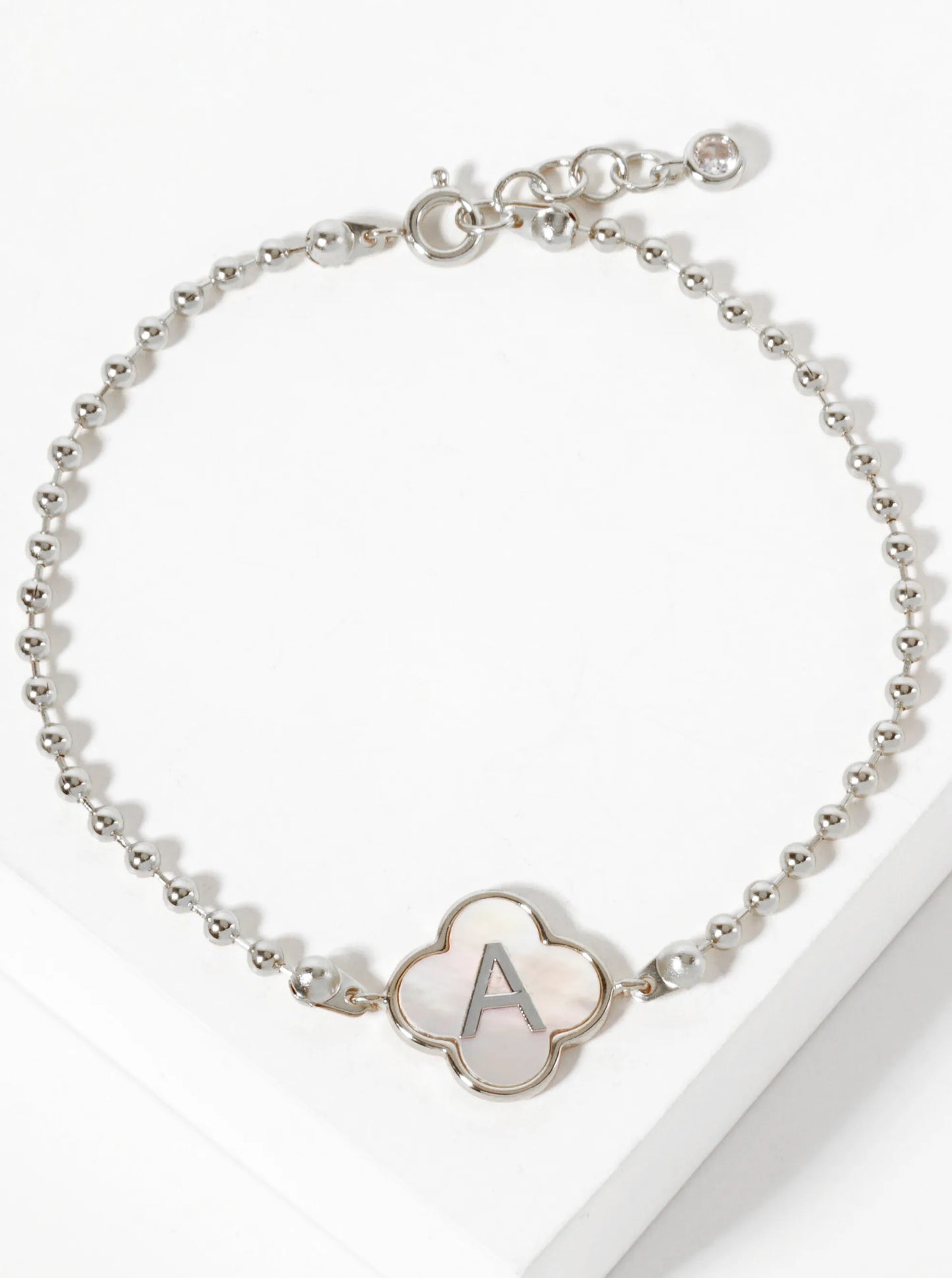 14mm 18K-Gold-Dipped Brass Mother-of-Pearl Quatrefoil Initial Monogram Ball-Chain Bracelet