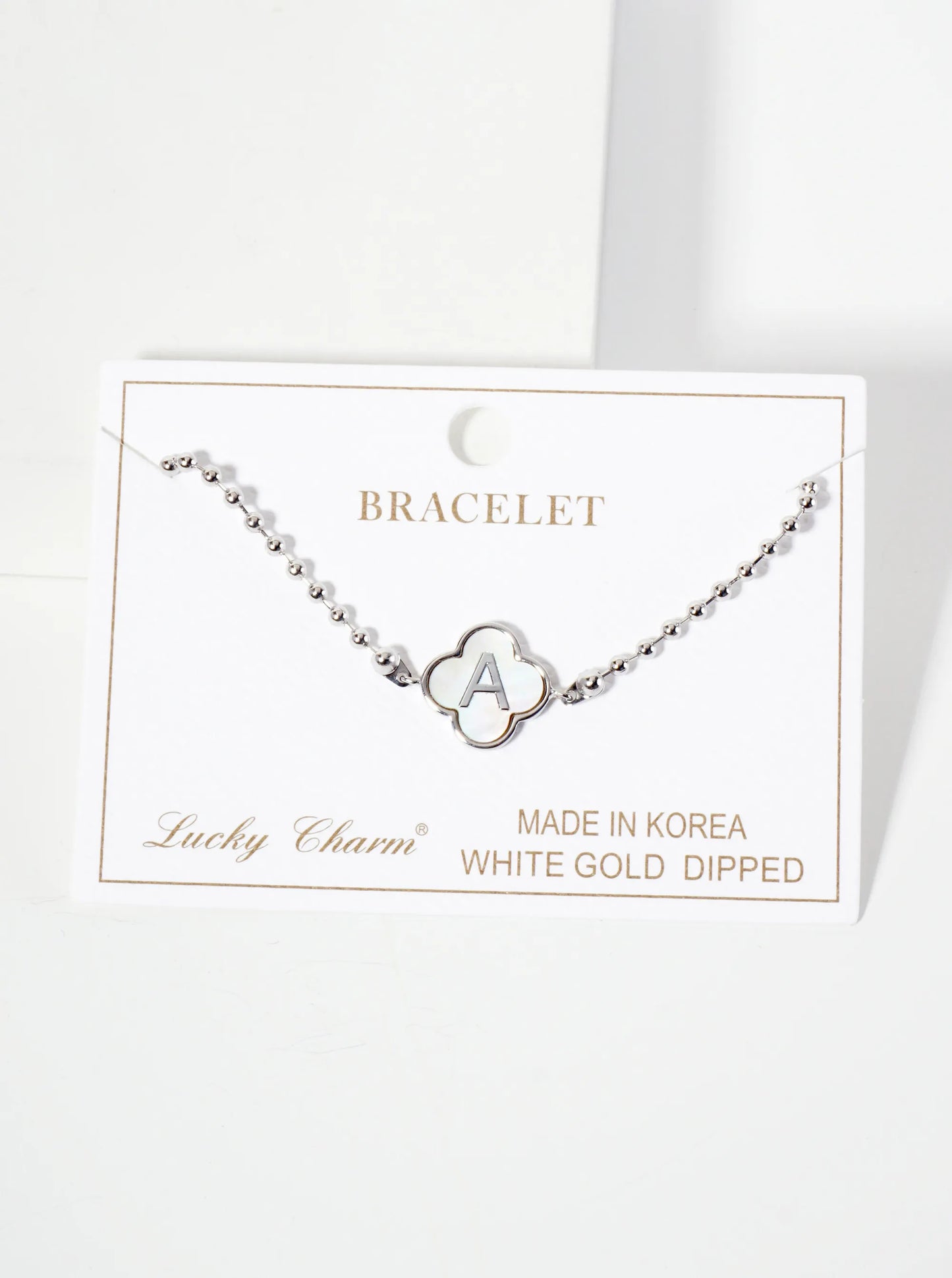 14mm 18K-Gold-Dipped Brass Mother-of-Pearl Quatrefoil Initial Monogram Ball-Chain Bracelet