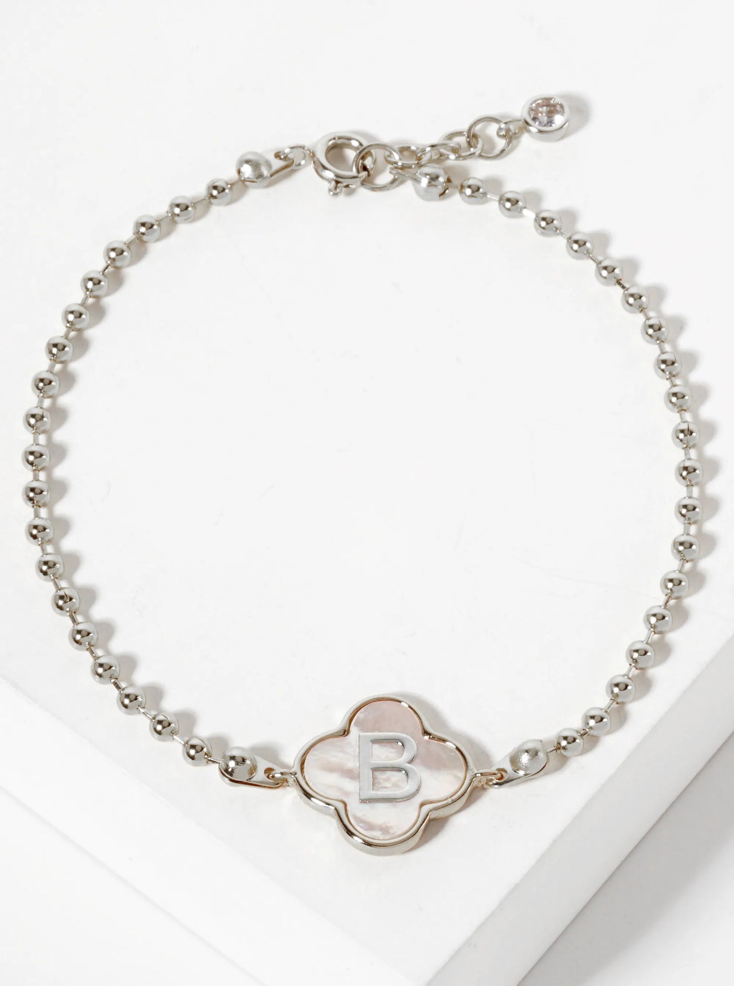 14mm 18K-Gold-Dipped Brass Mother-of-Pearl Quatrefoil Initial Monogram Ball-Chain Bracelet