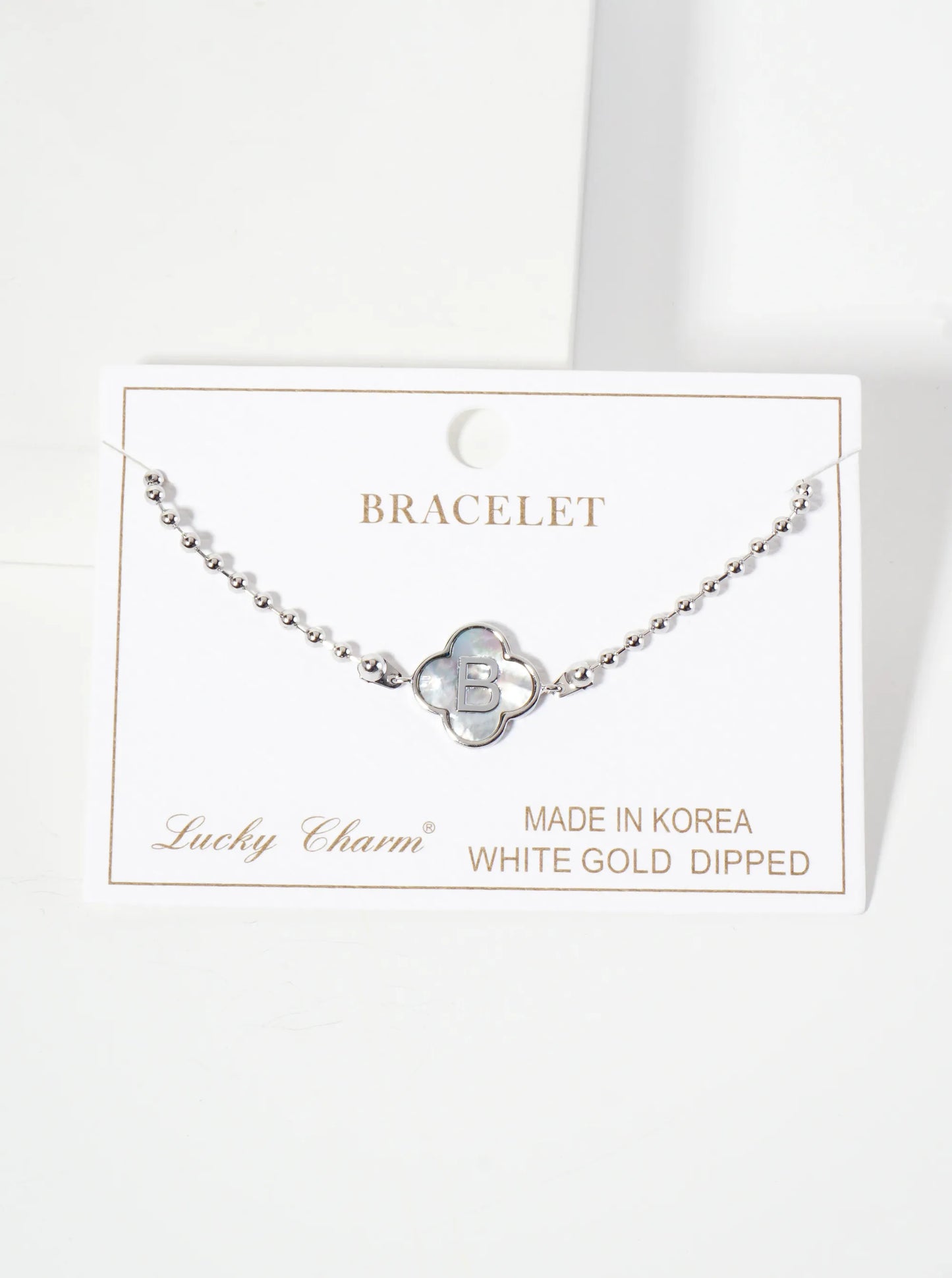 14mm 18K-Gold-Dipped Brass Mother-of-Pearl Quatrefoil Initial Monogram Ball-Chain Bracelet
