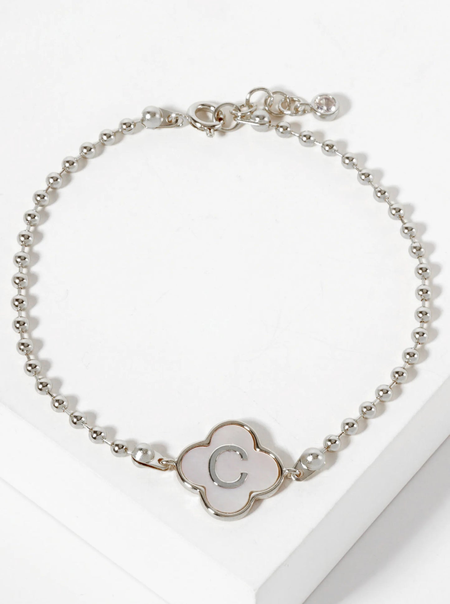 14mm 18K-Gold-Dipped Brass Mother-of-Pearl Quatrefoil Initial Monogram Ball-Chain Bracelet