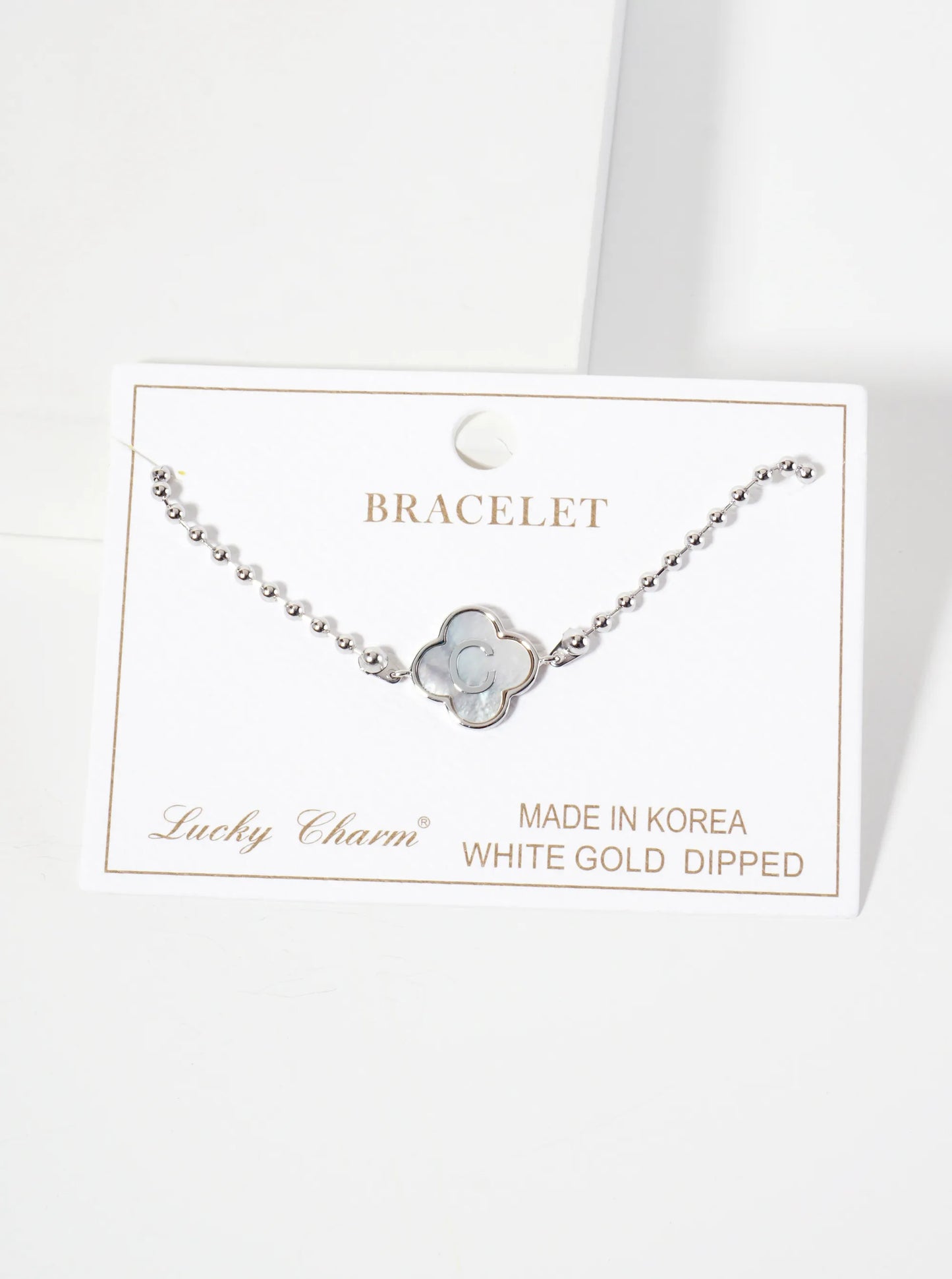 14mm 18K-Gold-Dipped Brass Mother-of-Pearl Quatrefoil Initial Monogram Ball-Chain Bracelet