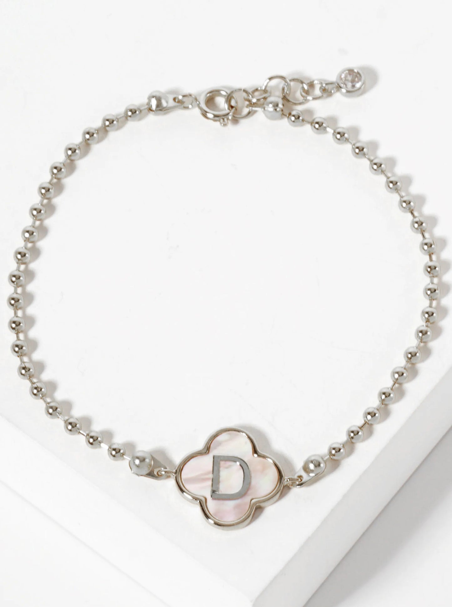 14mm 18K-Gold-Dipped Brass Mother-of-Pearl Quatrefoil Initial Monogram Ball-Chain Bracelet