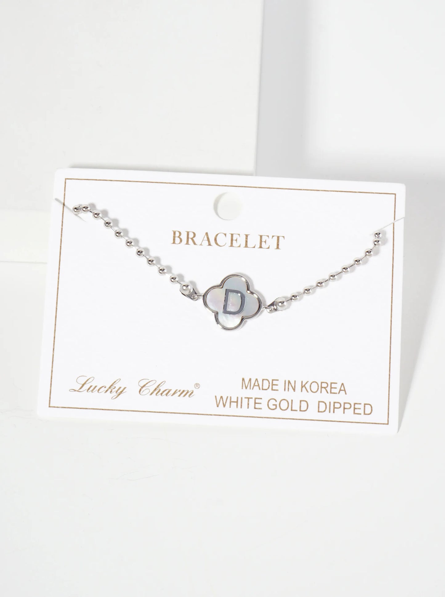14mm 18K-Gold-Dipped Brass Mother-of-Pearl Quatrefoil Initial Monogram Ball-Chain Bracelet