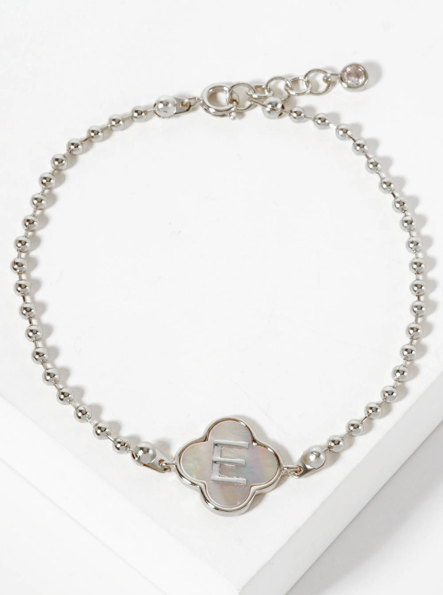 14mm 18K-Gold-Dipped Brass Mother-of-Pearl Quatrefoil Initial Monogram Ball-Chain Bracelet