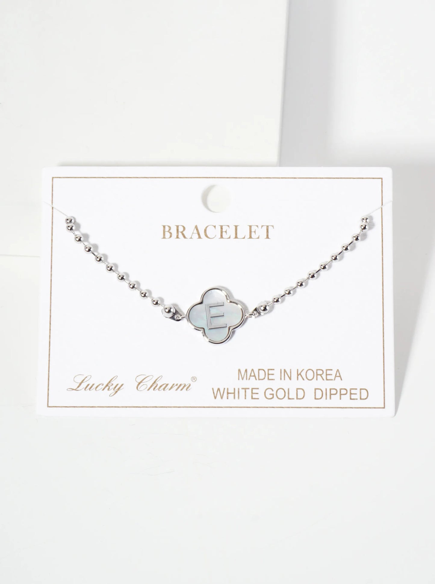 14mm 18K-Gold-Dipped Brass Mother-of-Pearl Quatrefoil Initial Monogram Ball-Chain Bracelet