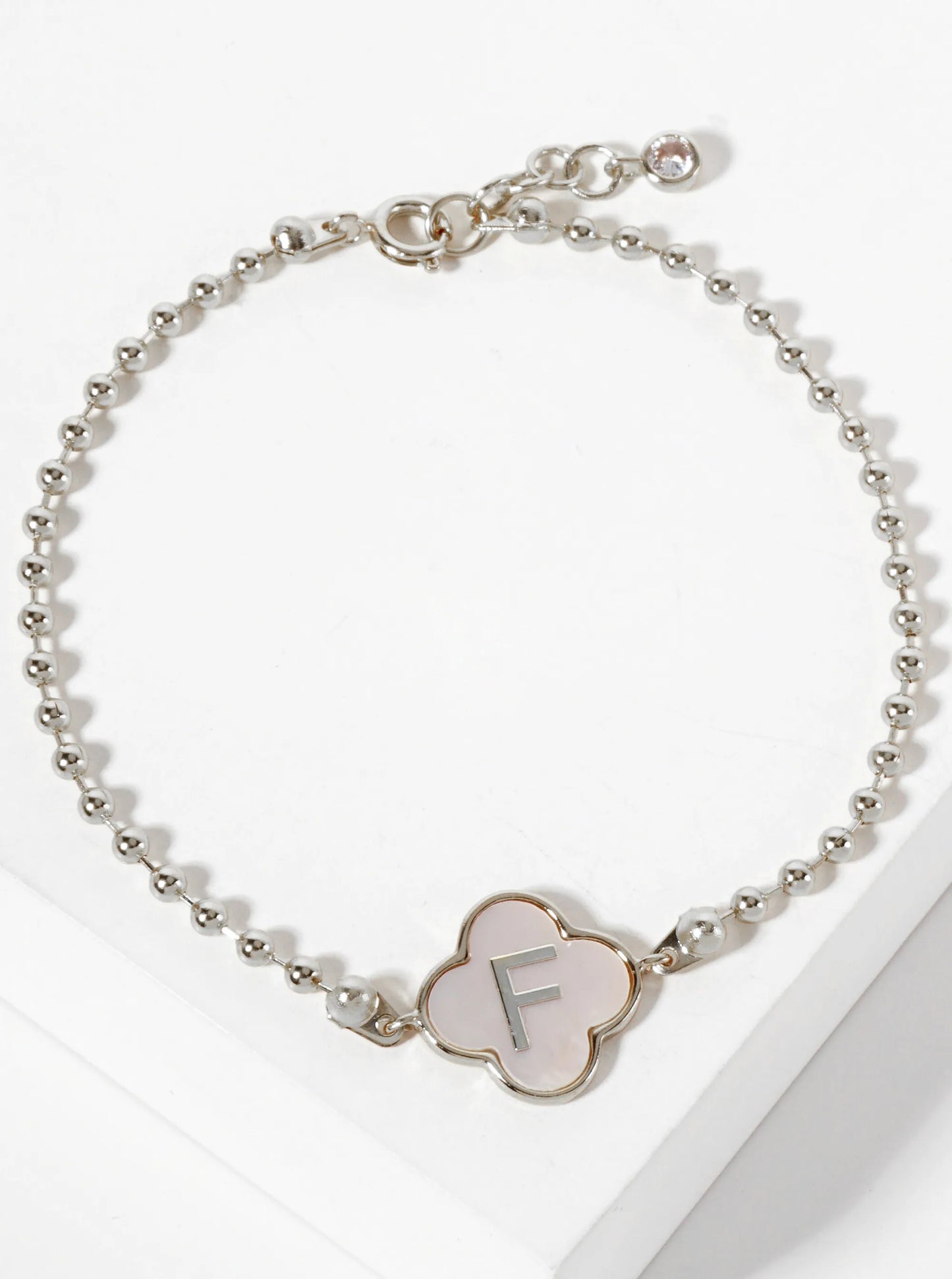 14mm 18K-Gold-Dipped Brass Mother-of-Pearl Quatrefoil Initial Monogram Ball-Chain Bracelet