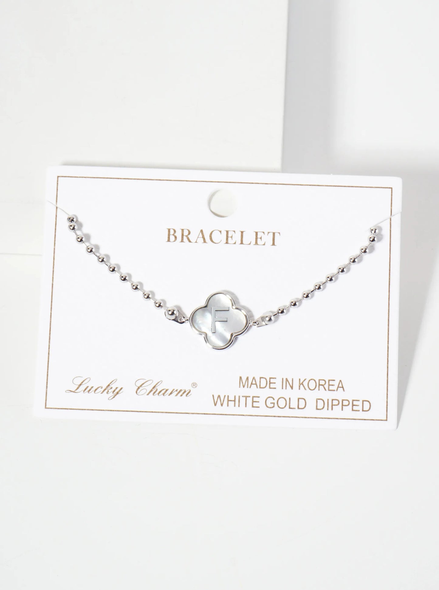 14mm 18K-Gold-Dipped Brass Mother-of-Pearl Quatrefoil Initial Monogram Ball-Chain Bracelet