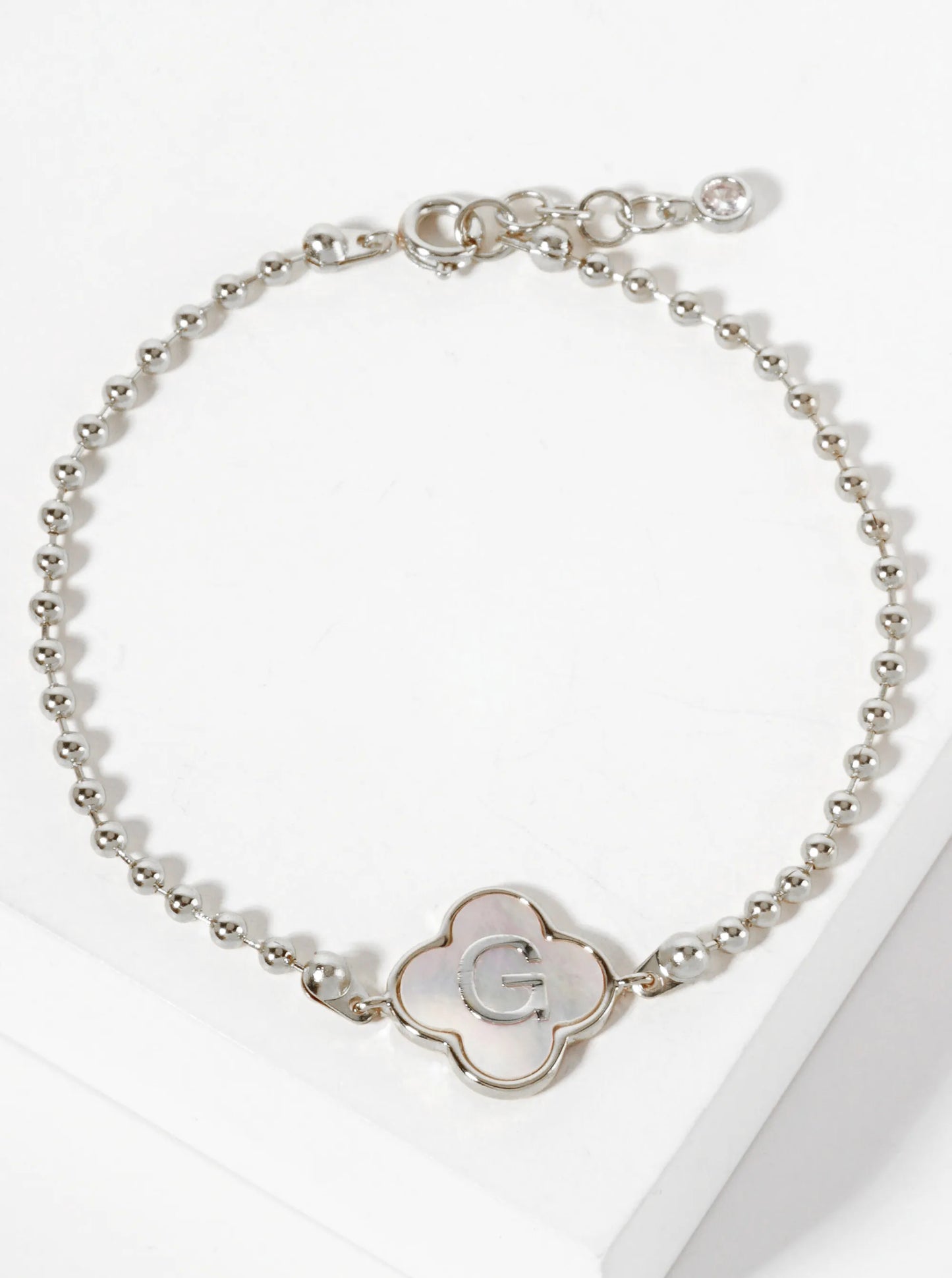 14mm 18K-Gold-Dipped Brass Mother-of-Pearl Quatrefoil Initial Monogram Ball-Chain Bracelet