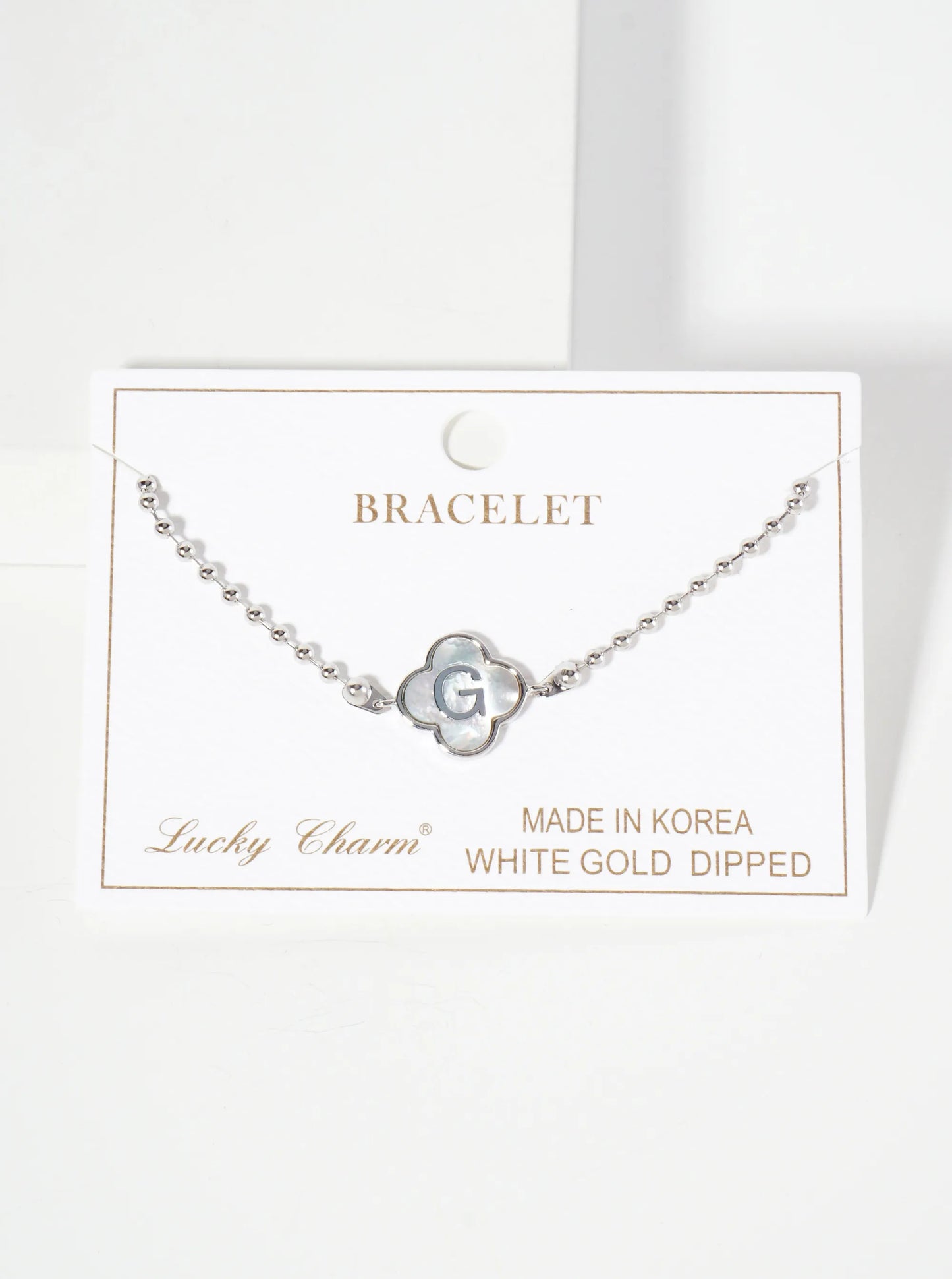 14mm 18K-Gold-Dipped Brass Mother-of-Pearl Quatrefoil Initial Monogram Ball-Chain Bracelet