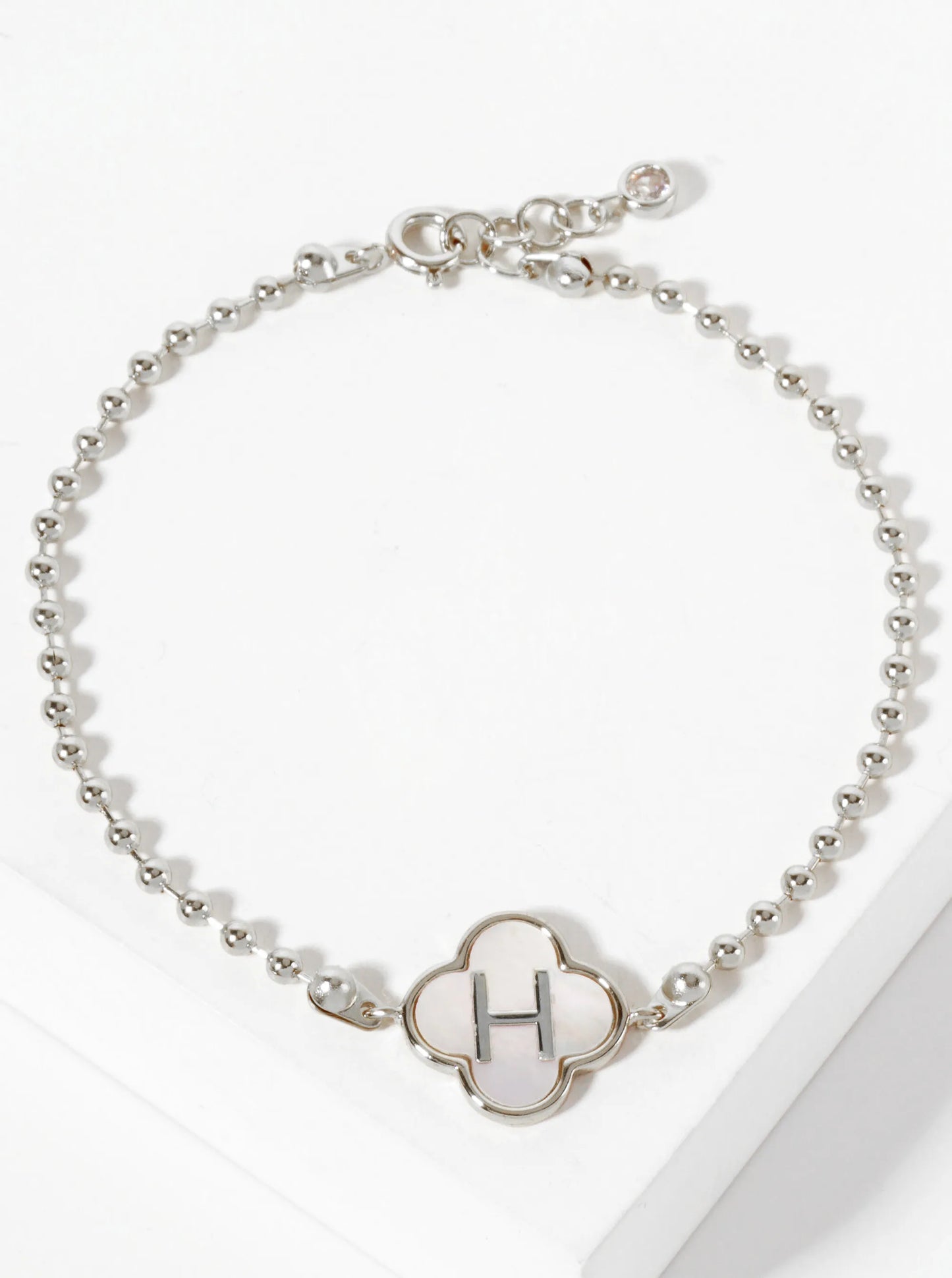 14mm 18K-Gold-Dipped Brass Mother-of-Pearl Quatrefoil Initial Monogram Ball-Chain Bracelet