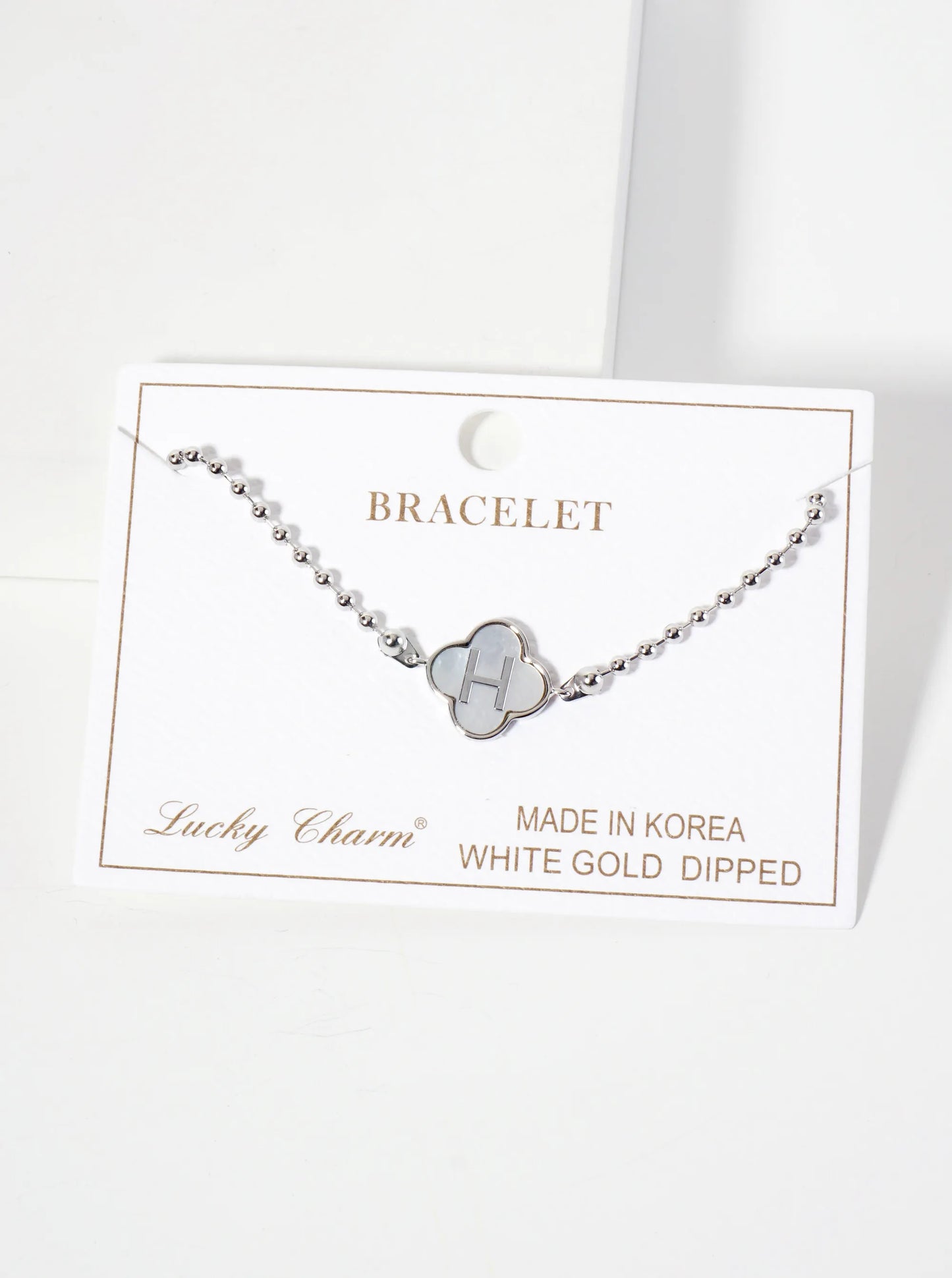 14mm 18K-Gold-Dipped Brass Mother-of-Pearl Quatrefoil Initial Monogram Ball-Chain Bracelet