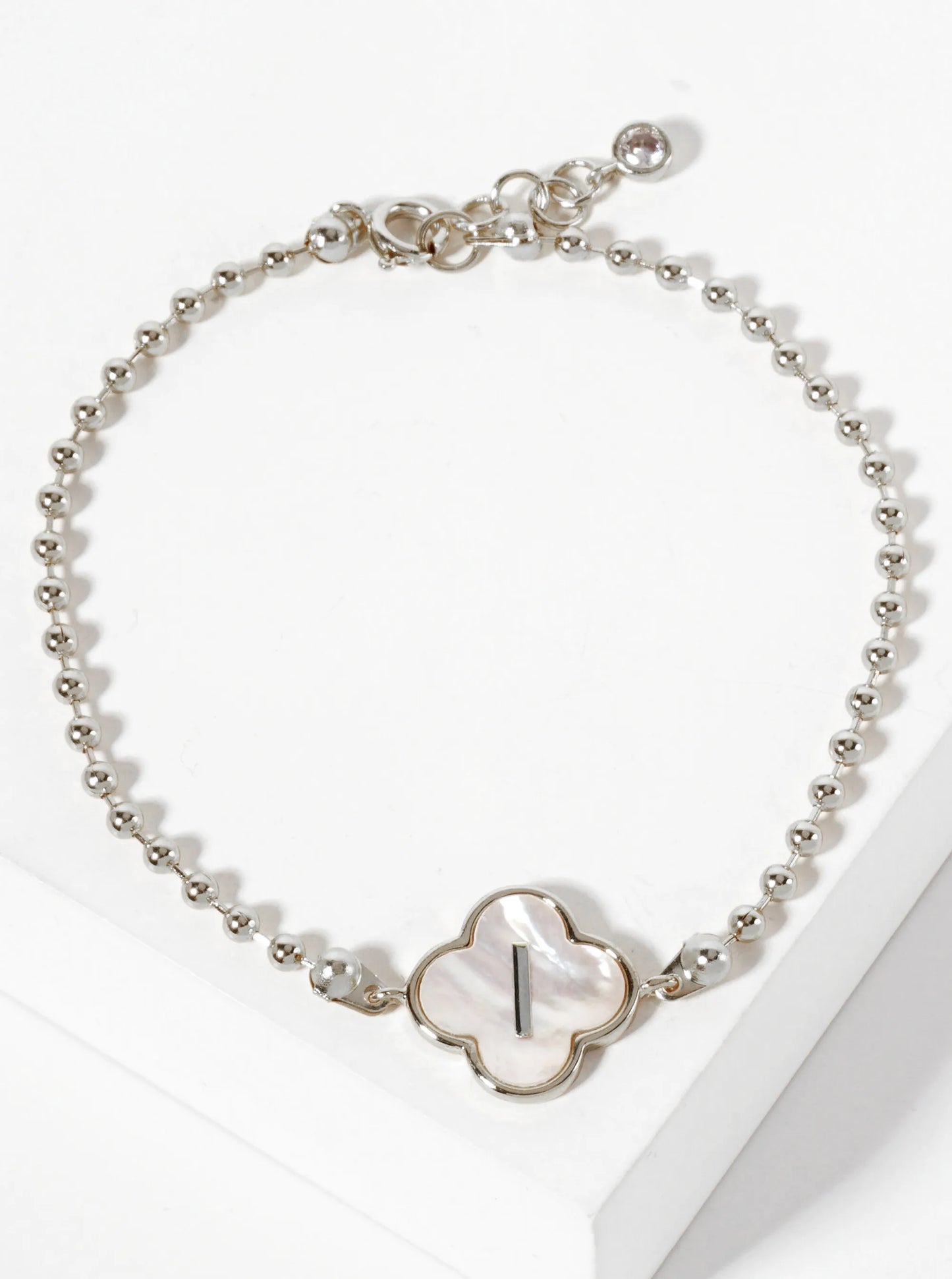 14mm 18K-Gold-Dipped Brass Mother-of-Pearl Quatrefoil Initial Monogram Ball-Chain Bracelet