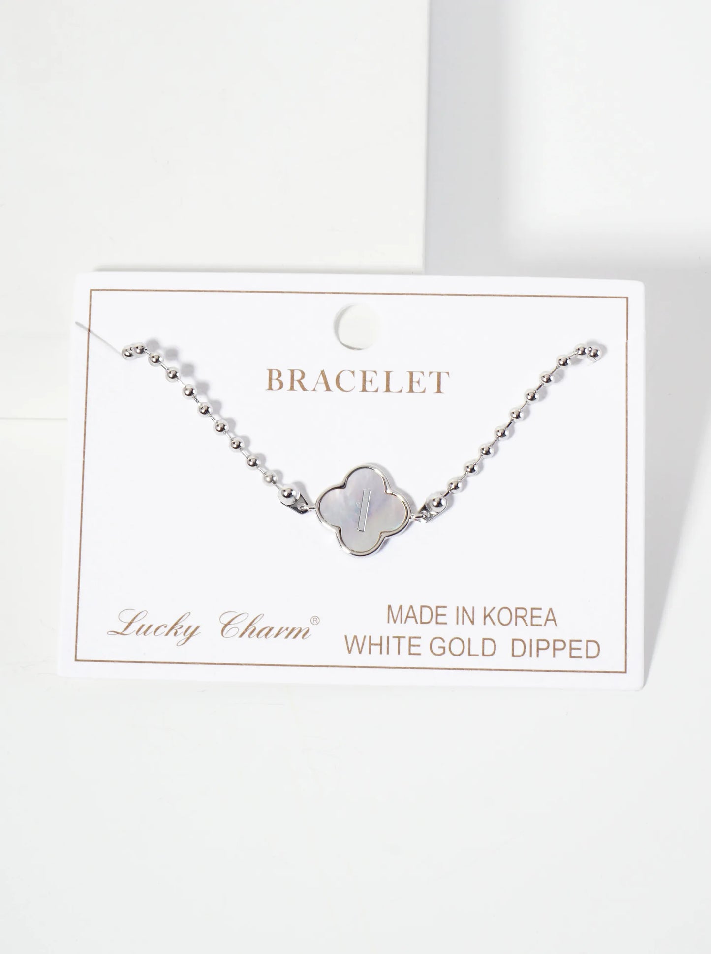 14mm 18K-Gold-Dipped Brass Mother-of-Pearl Quatrefoil Initial Monogram Ball-Chain Bracelet