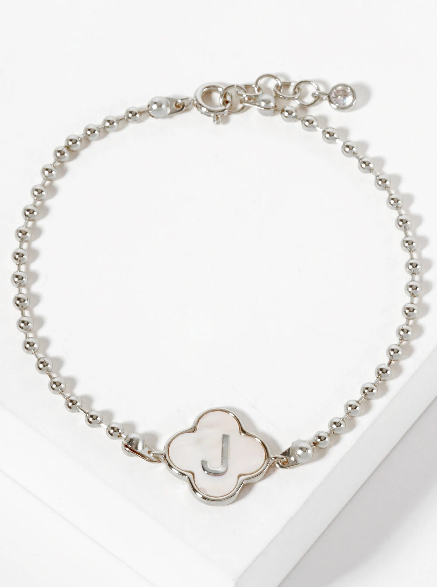 14mm 18K-Gold-Dipped Brass Mother-of-Pearl Quatrefoil Initial Monogram Ball-Chain Bracelet