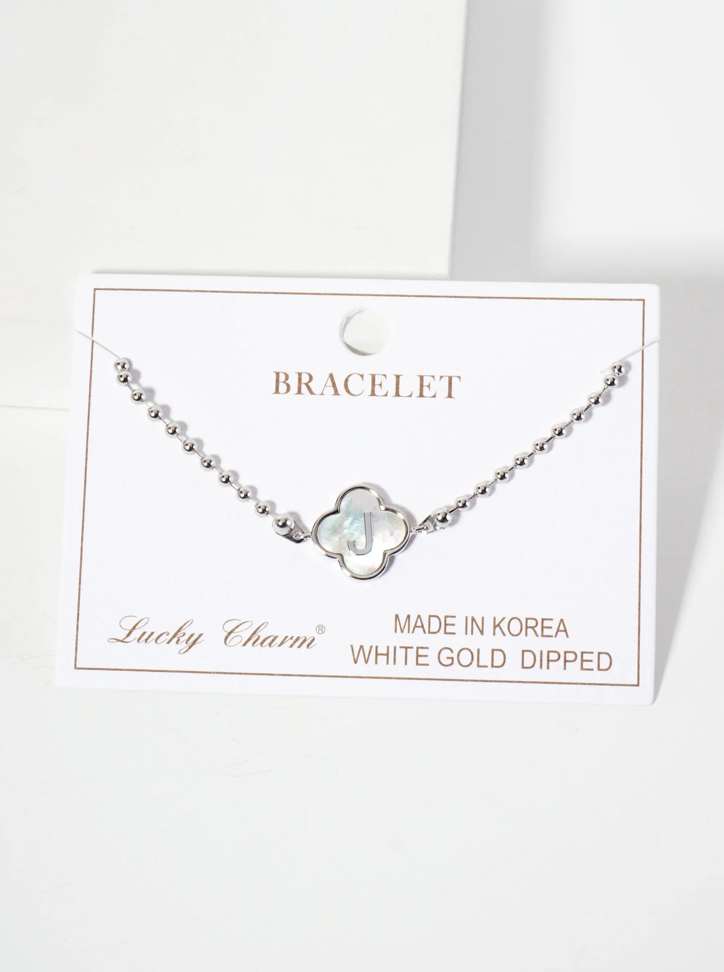 14mm 18K-Gold-Dipped Brass Mother-of-Pearl Quatrefoil Initial Monogram Ball-Chain Bracelet