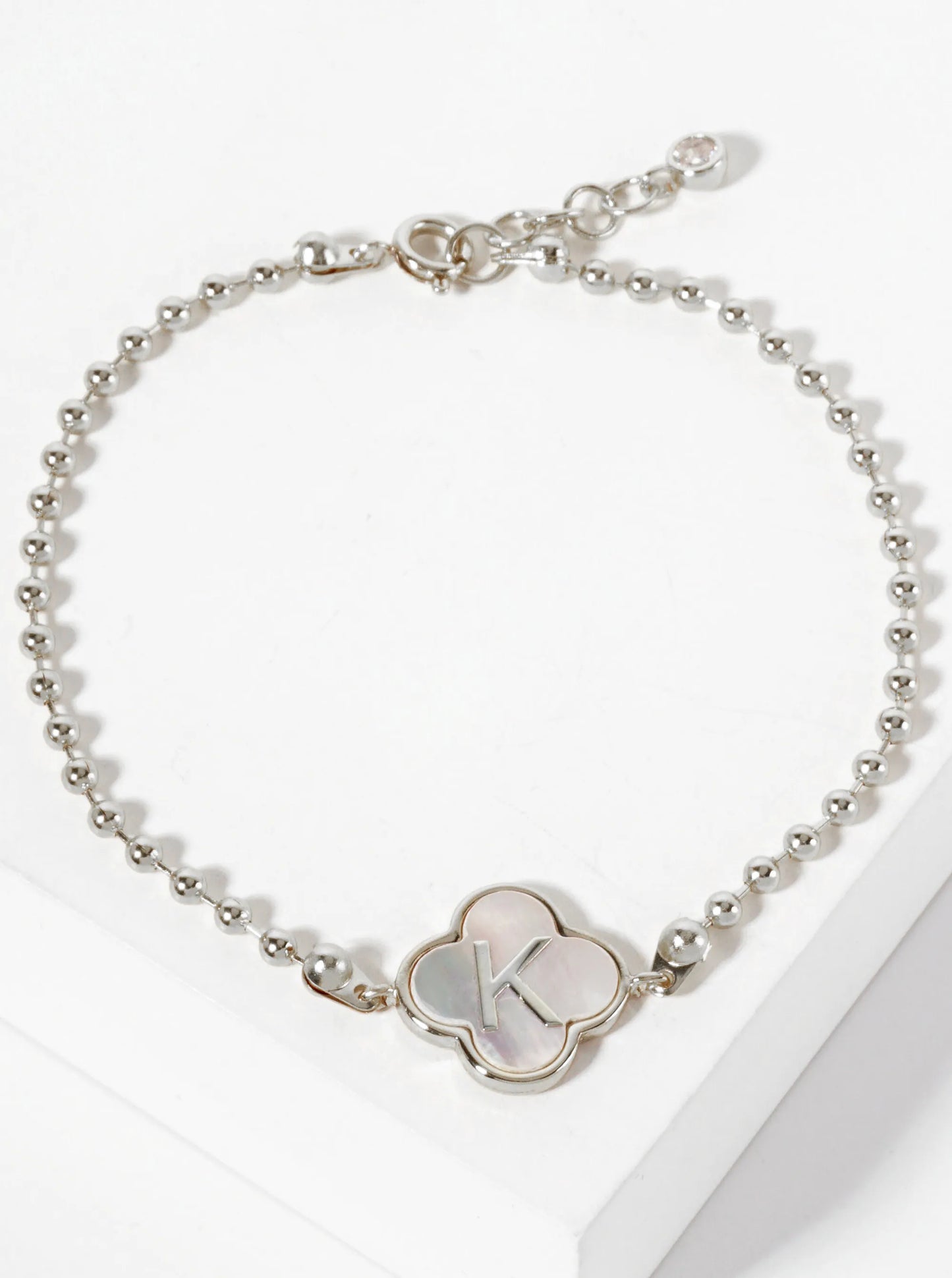 14mm 18K-Gold-Dipped Brass Mother-of-Pearl Quatrefoil Initial Monogram Ball-Chain Bracelet
