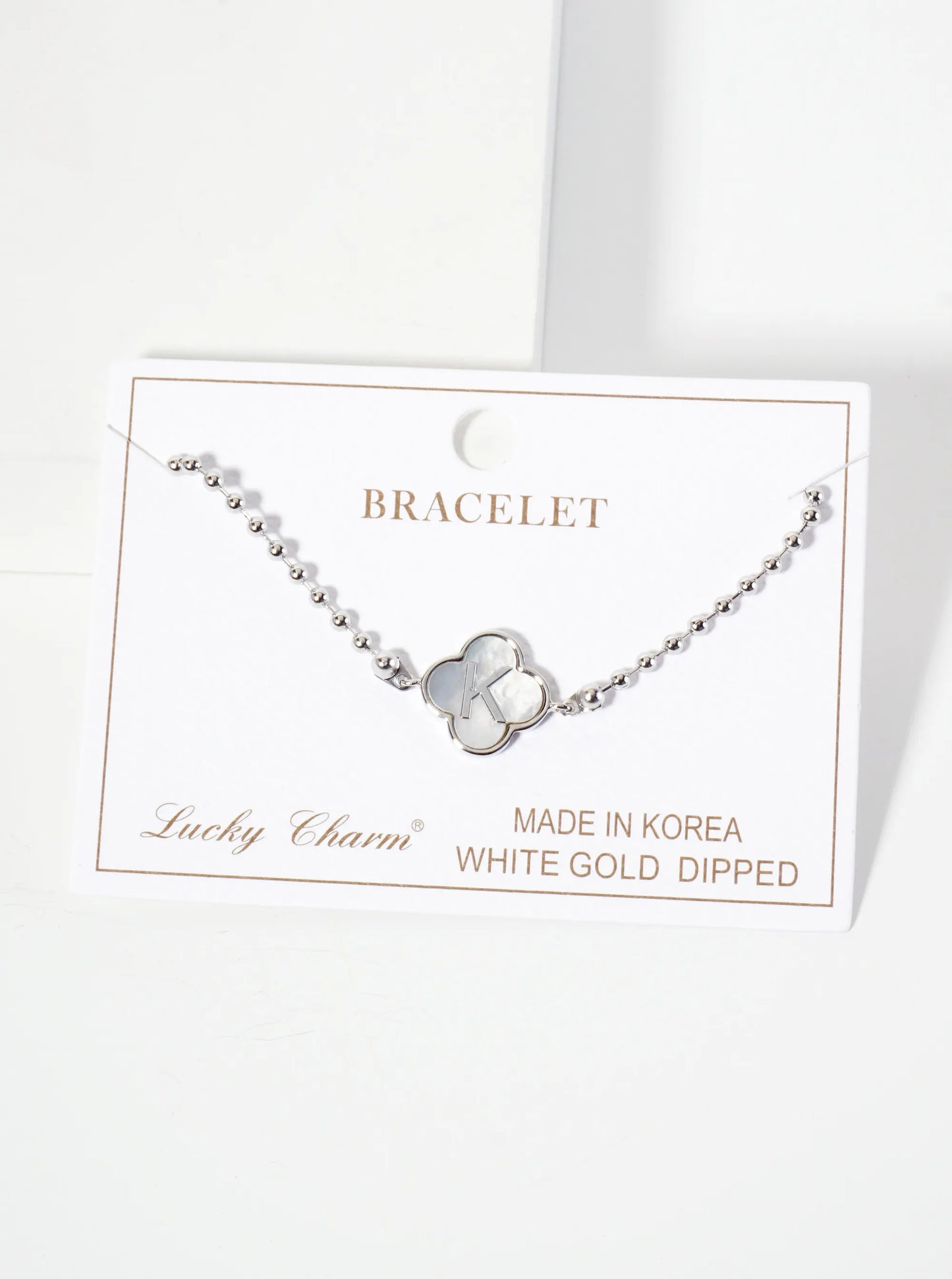 14mm 18K-Gold-Dipped Brass Mother-of-Pearl Quatrefoil Initial Monogram Ball-Chain Bracelet