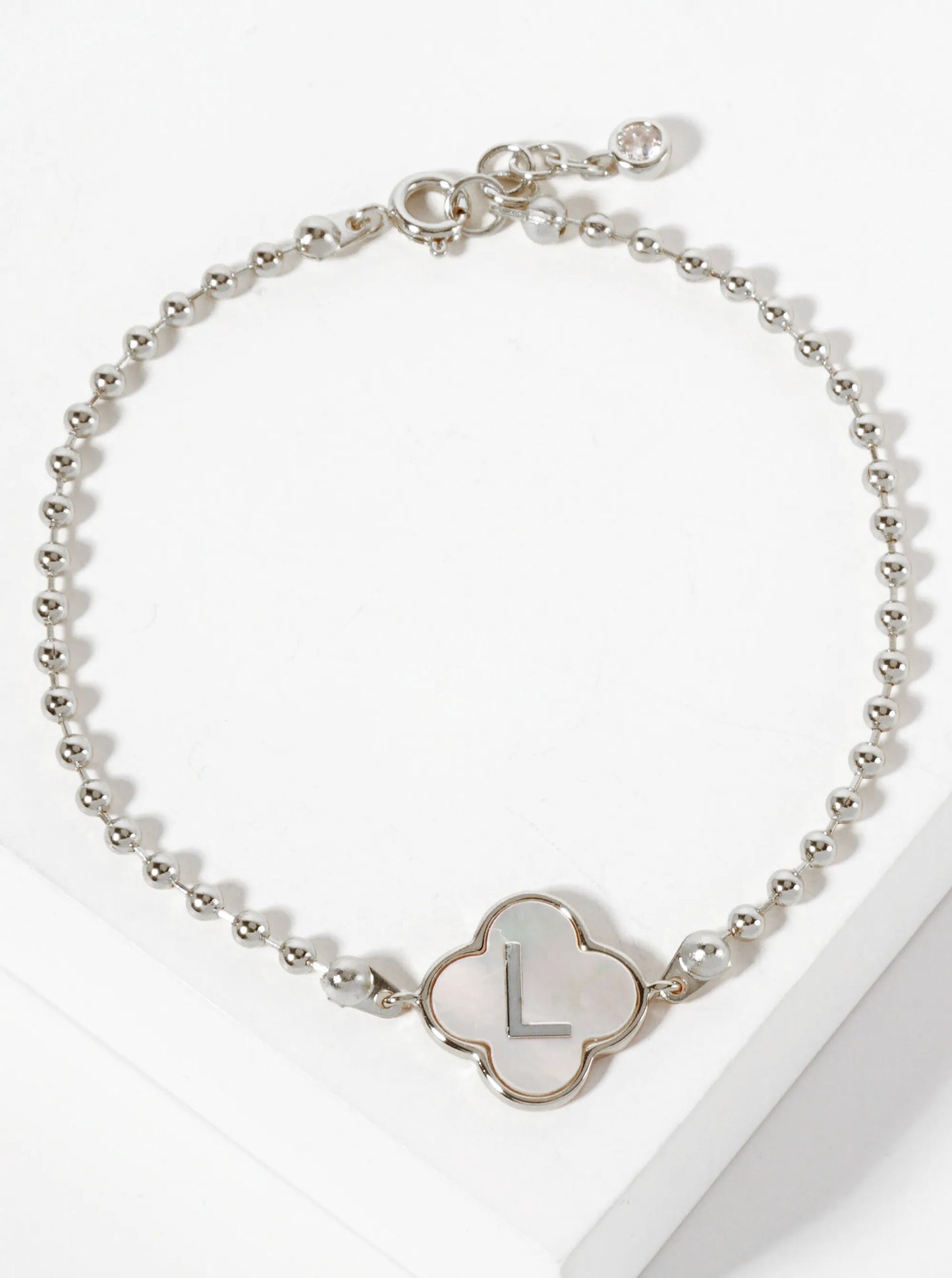14mm 18K-Gold-Dipped Brass Mother-of-Pearl Quatrefoil Initial Monogram Ball-Chain Bracelet
