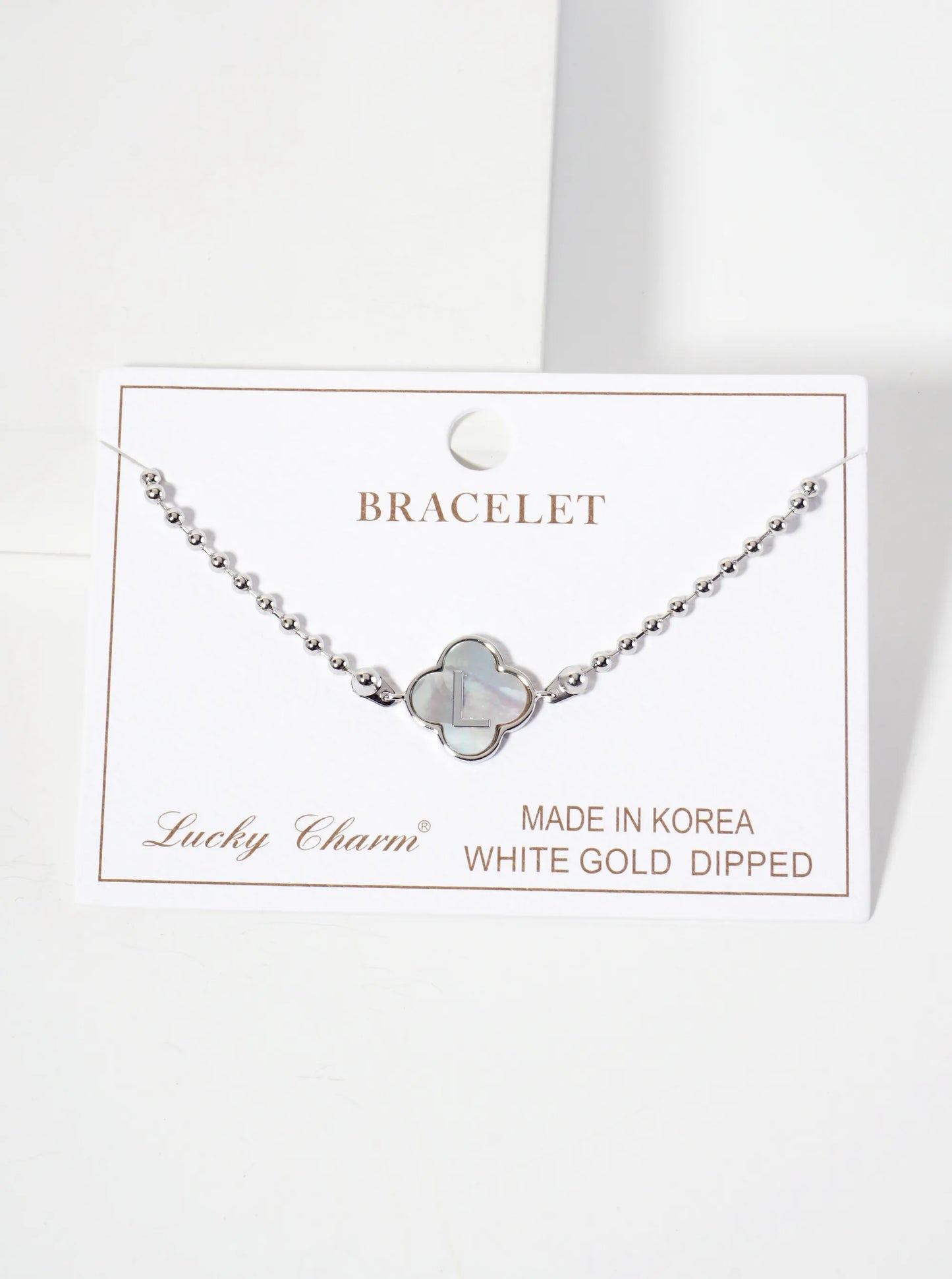 14mm 18K-Gold-Dipped Brass Mother-of-Pearl Quatrefoil Initial Monogram Ball-Chain Bracelet