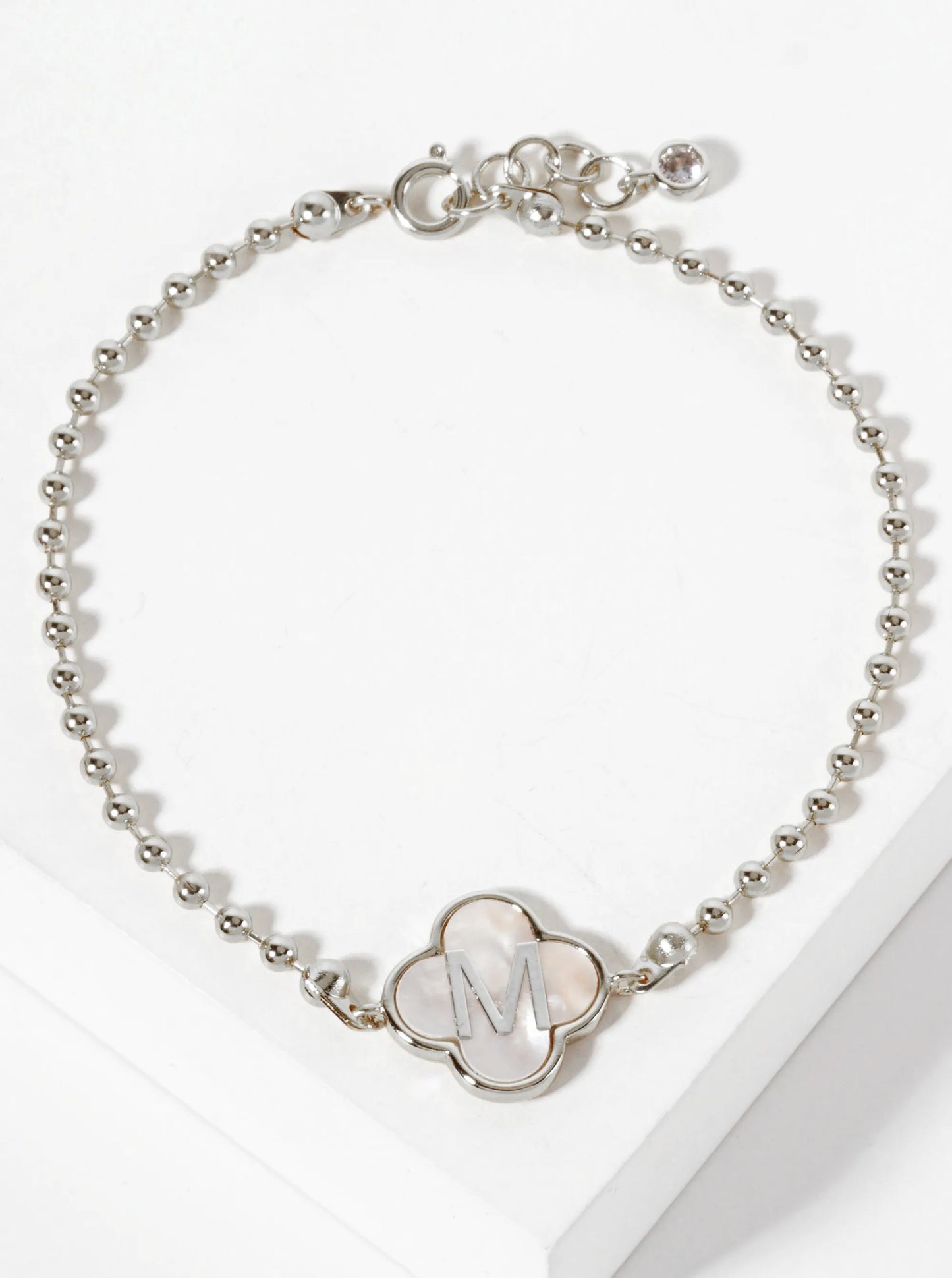 14mm 18K-Gold-Dipped Brass Mother-of-Pearl Quatrefoil Initial Monogram Ball-Chain Bracelet