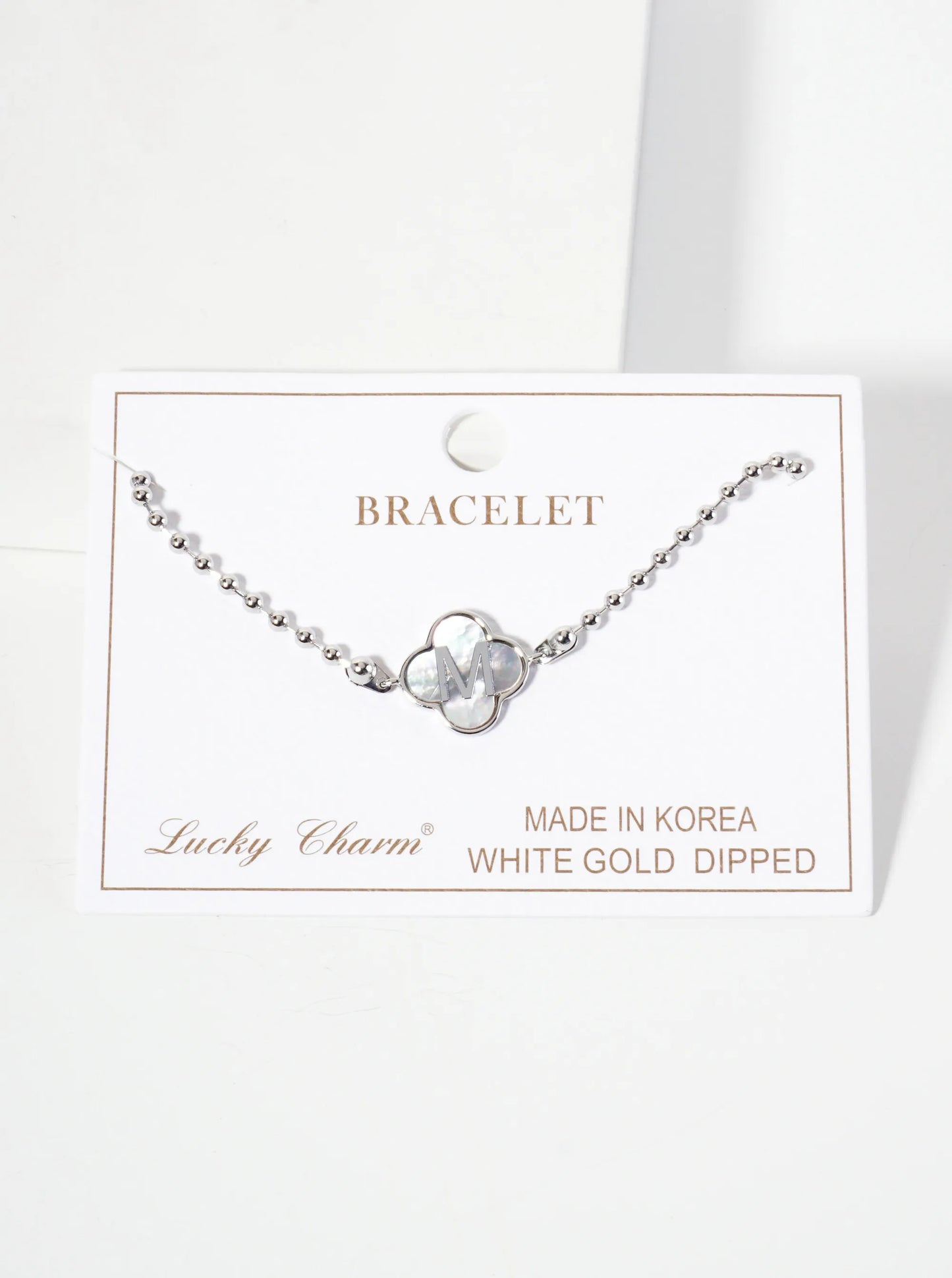14mm 18K-Gold-Dipped Brass Mother-of-Pearl Quatrefoil Initial Monogram Ball-Chain Bracelet