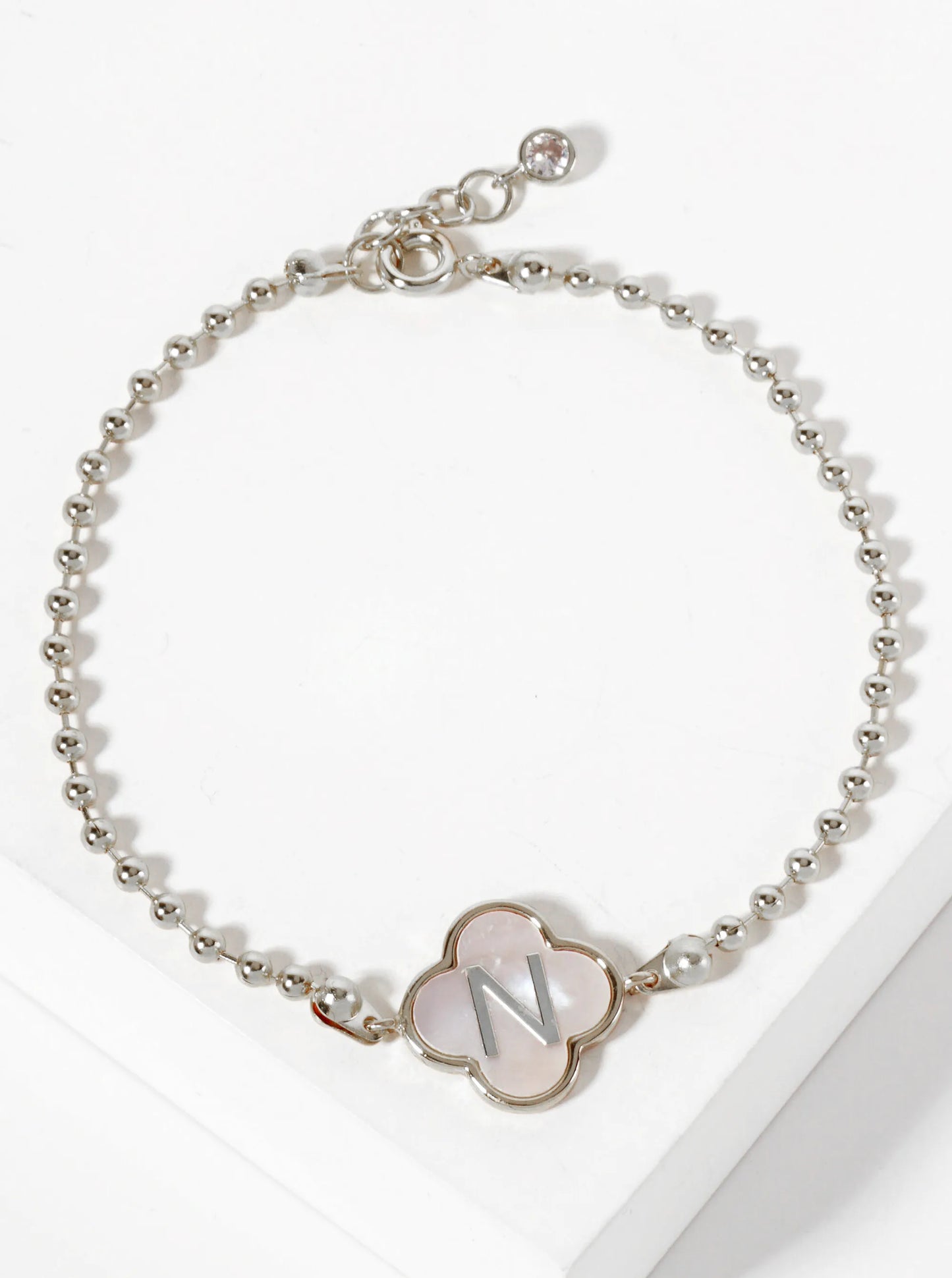 14mm 18K-Gold-Dipped Brass Mother-of-Pearl Quatrefoil Initial Monogram Ball-Chain Bracelet