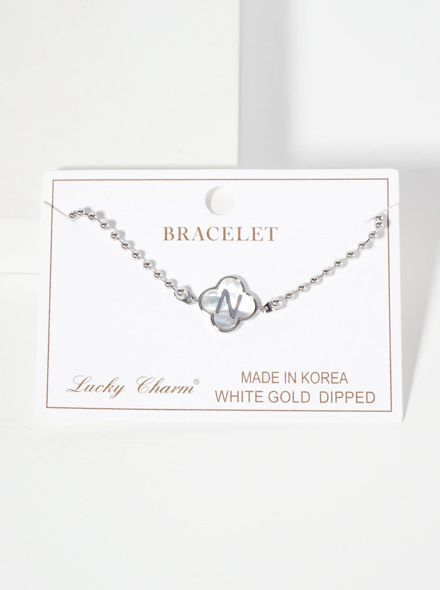 14mm 18K-Gold-Dipped Brass Mother-of-Pearl Quatrefoil Initial Monogram Ball-Chain Bracelet
