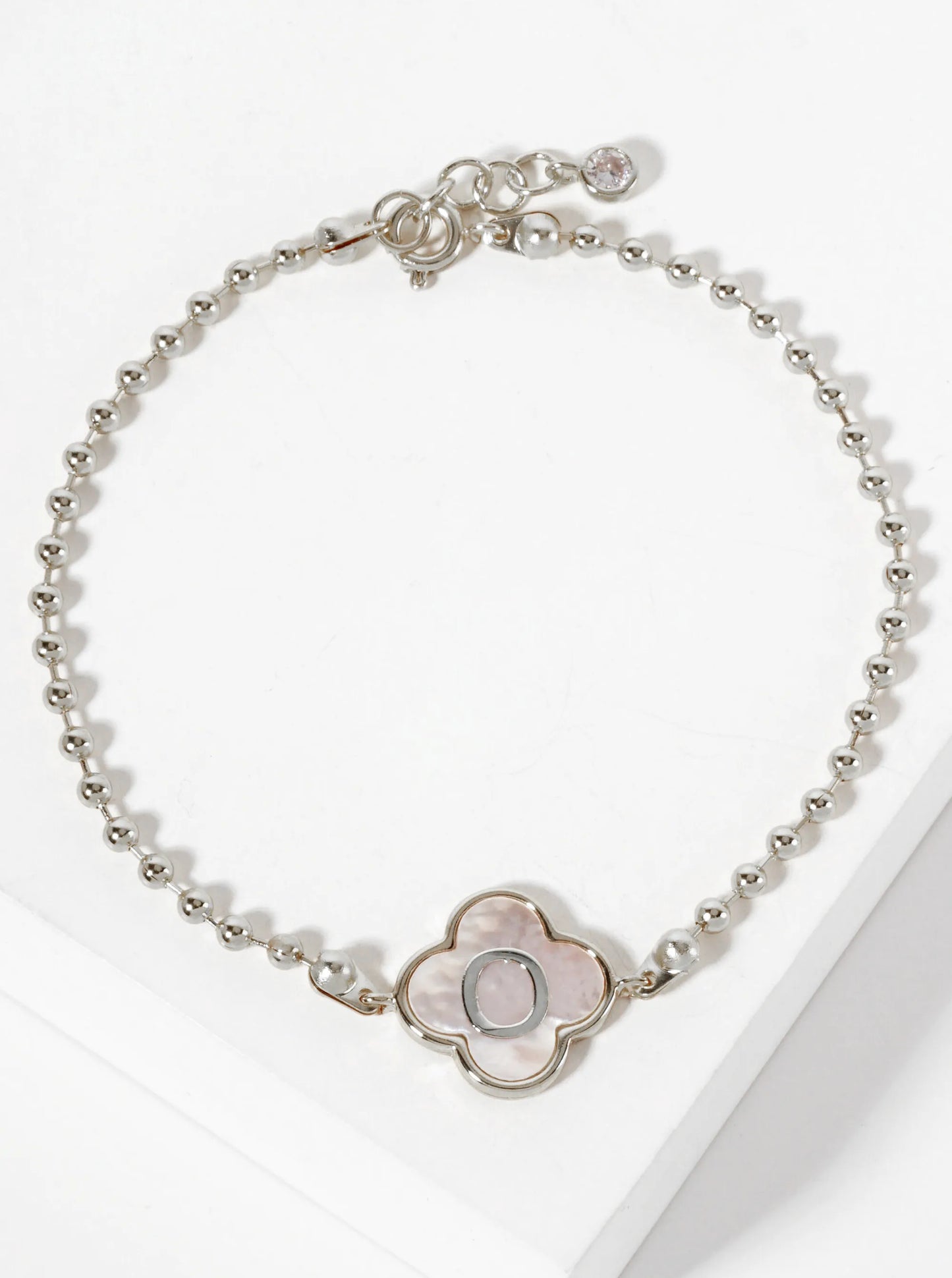 14mm 18K-Gold-Dipped Brass Mother-of-Pearl Quatrefoil Initial Monogram Ball-Chain Bracelet