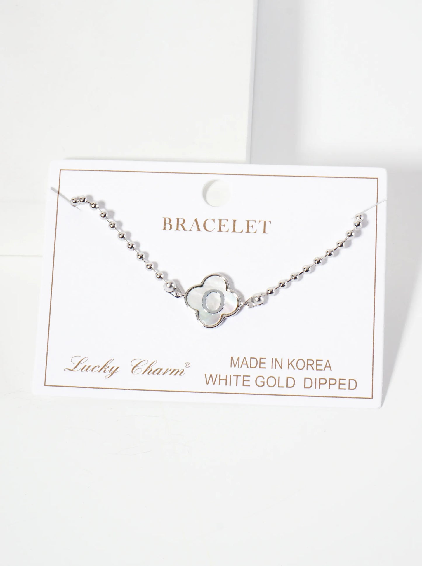 14mm 18K-Gold-Dipped Brass Mother-of-Pearl Quatrefoil Initial Monogram Ball-Chain Bracelet