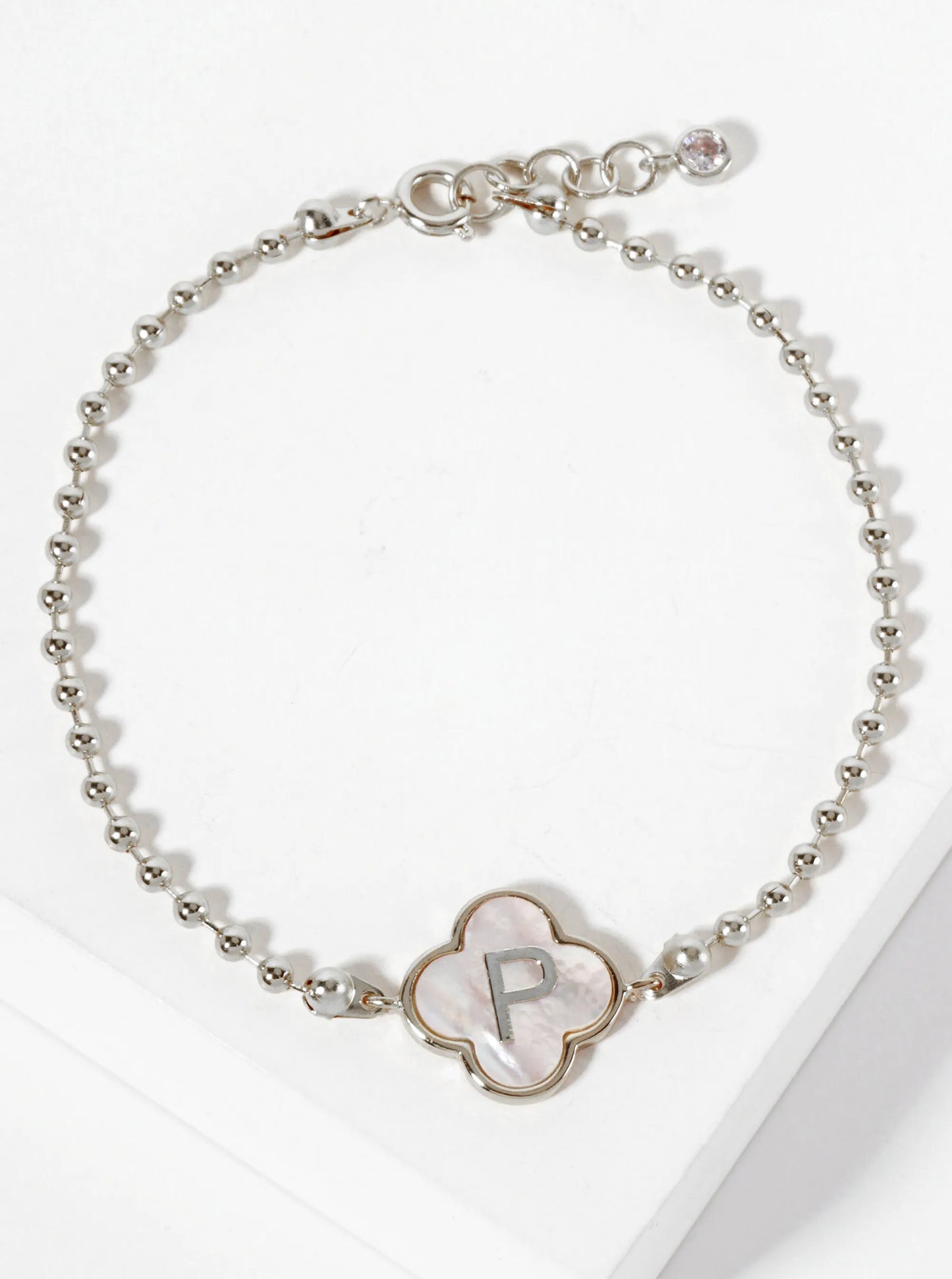 14mm 18K-Gold-Dipped Brass Mother-of-Pearl Quatrefoil Initial Monogram Ball-Chain Bracelet