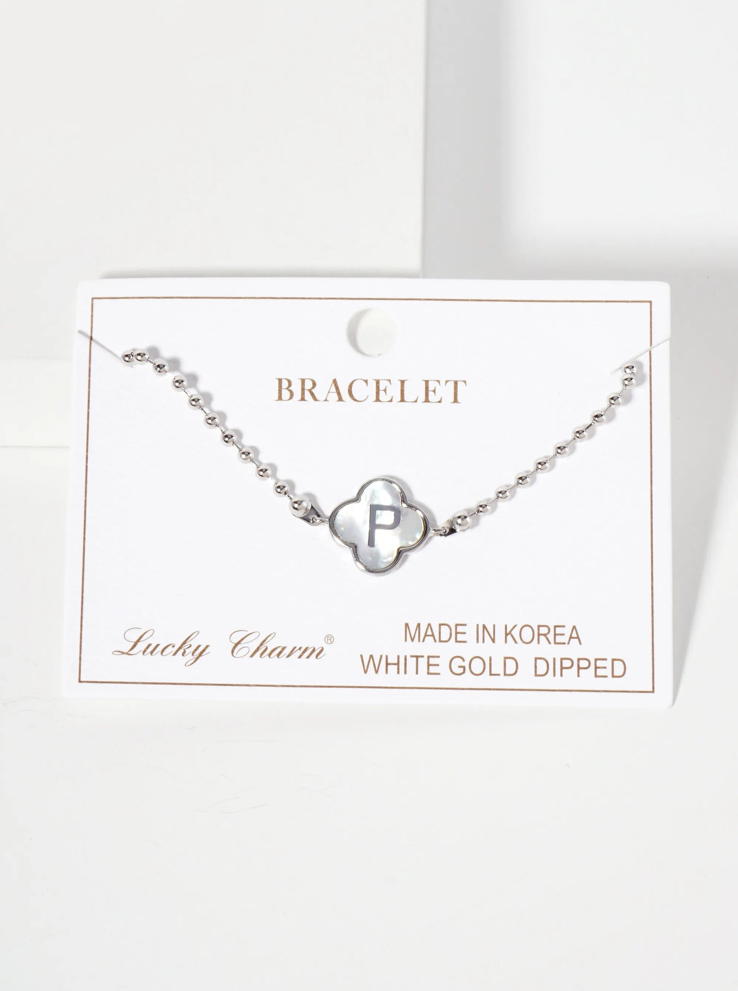 14mm 18K-Gold-Dipped Brass Mother-of-Pearl Quatrefoil Initial Monogram Ball-Chain Bracelet