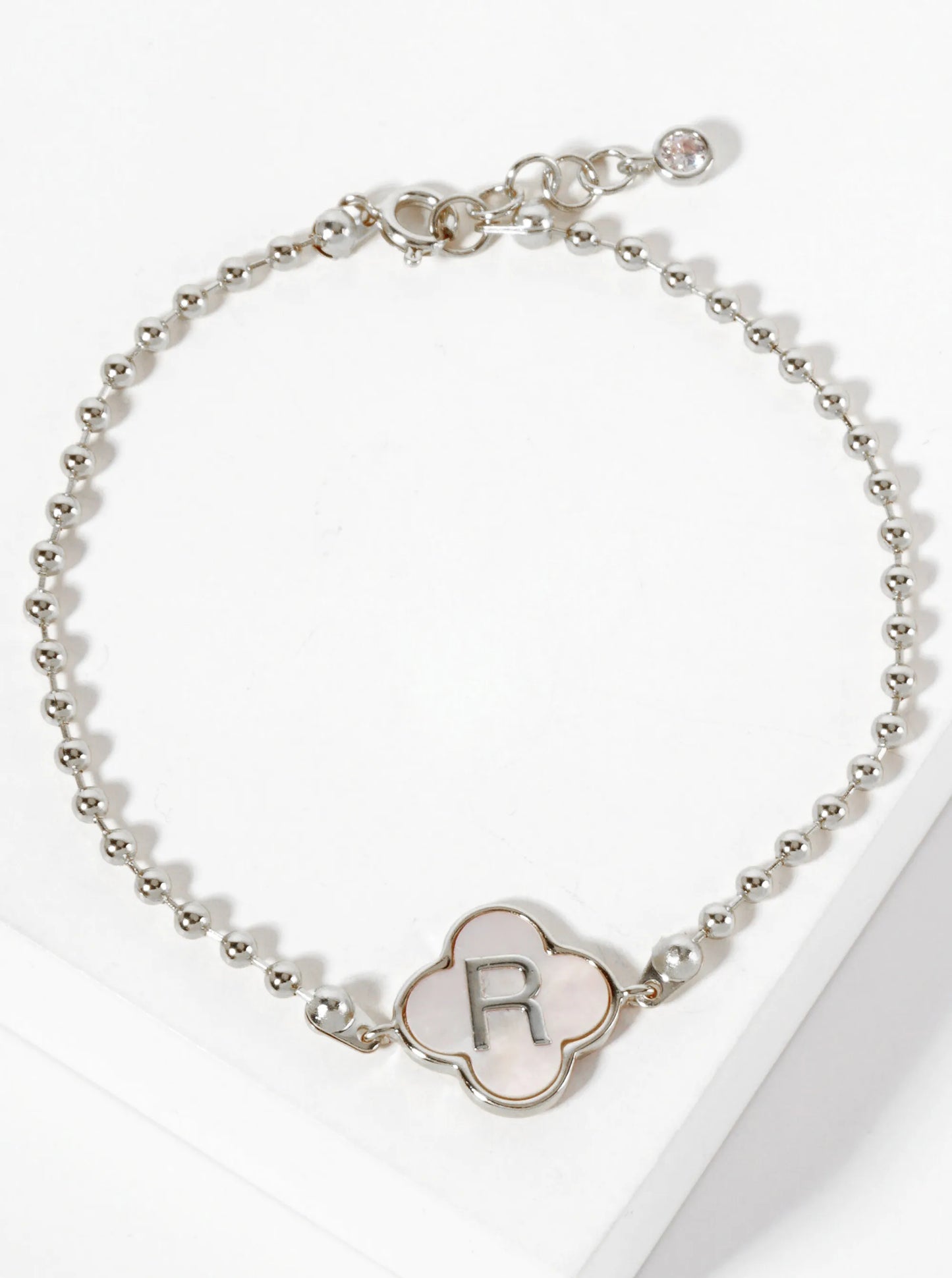 14mm 18K-Gold-Dipped Brass Mother-of-Pearl Quatrefoil Initial Monogram Ball-Chain Bracelet