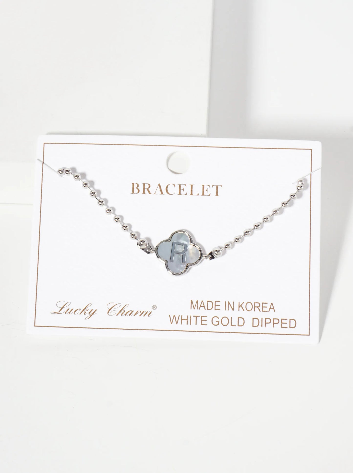 14mm 18K-Gold-Dipped Brass Mother-of-Pearl Quatrefoil Initial Monogram Ball-Chain Bracelet