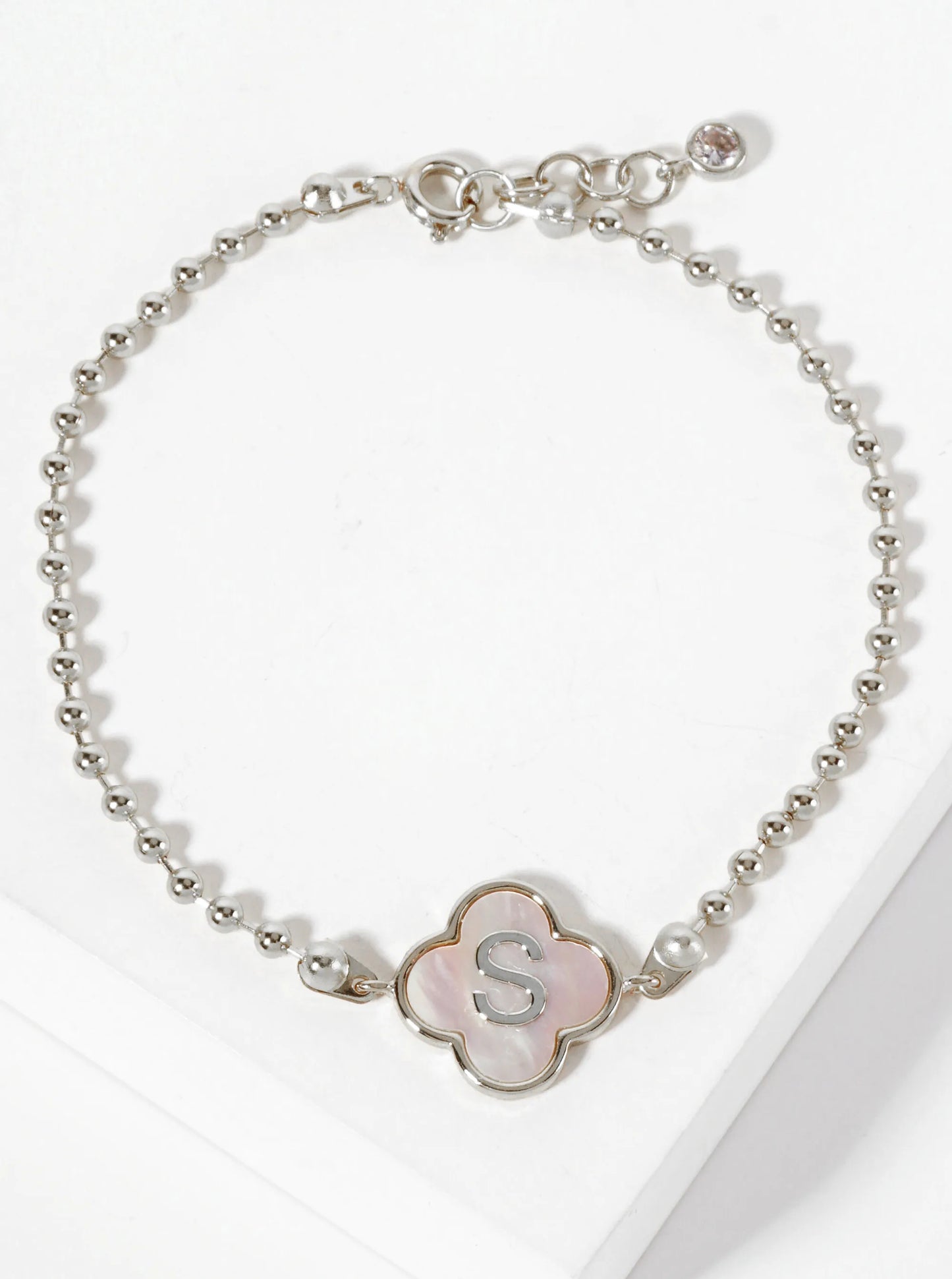 14mm 18K-Gold-Dipped Brass Mother-of-Pearl Quatrefoil Initial Monogram Ball-Chain Bracelet