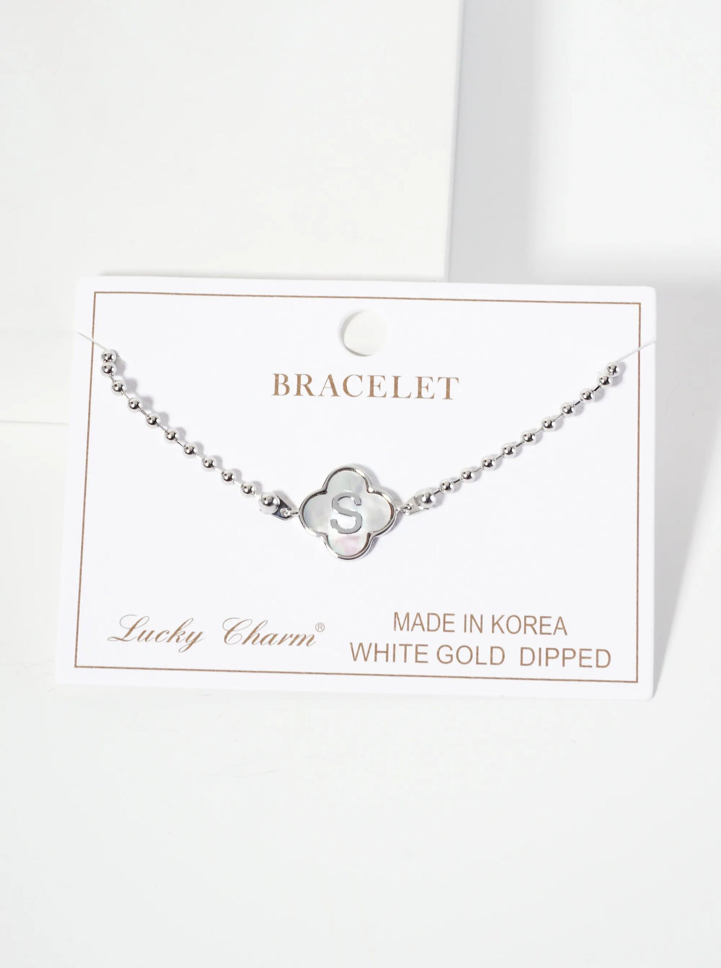 14mm 18K-Gold-Dipped Brass Mother-of-Pearl Quatrefoil Initial Monogram Ball-Chain Bracelet