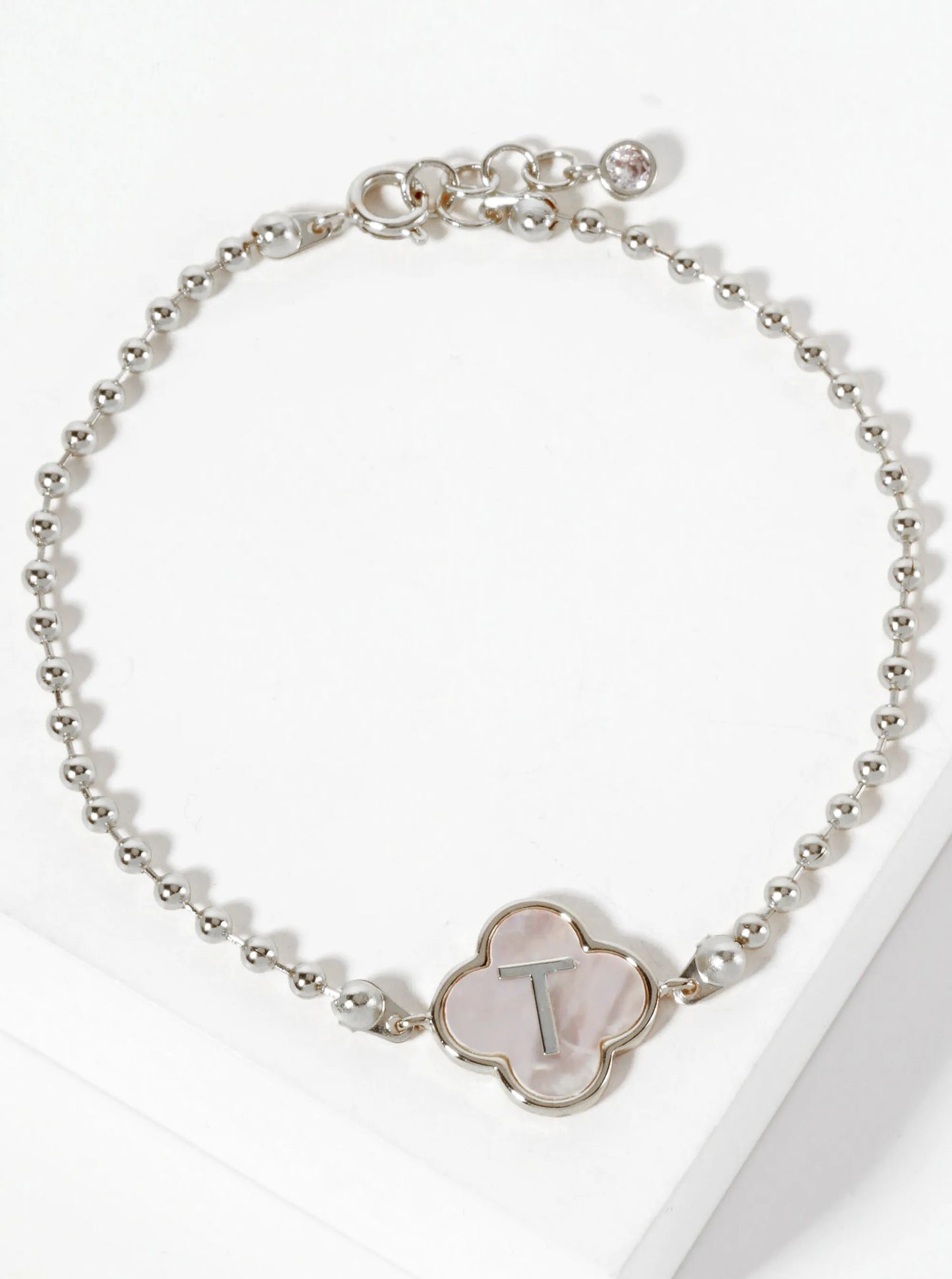 14mm 18K-Gold-Dipped Brass Mother-of-Pearl Quatrefoil Initial Monogram Ball-Chain Bracelet