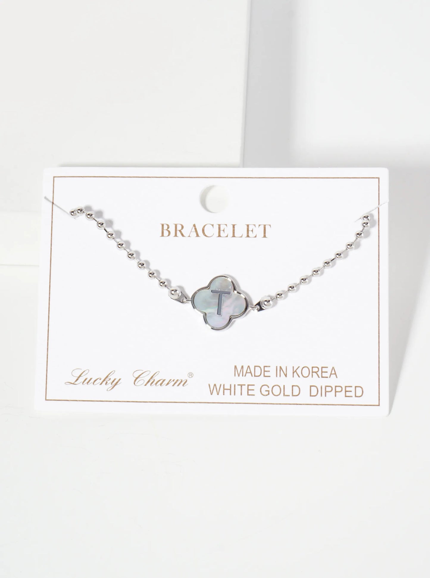 14mm 18K-Gold-Dipped Brass Mother-of-Pearl Quatrefoil Initial Monogram Ball-Chain Bracelet
