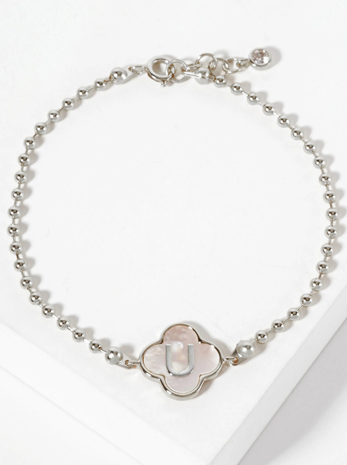 14mm 18K-Gold-Dipped Brass Mother-of-Pearl Quatrefoil Initial Monogram Ball-Chain Bracelet