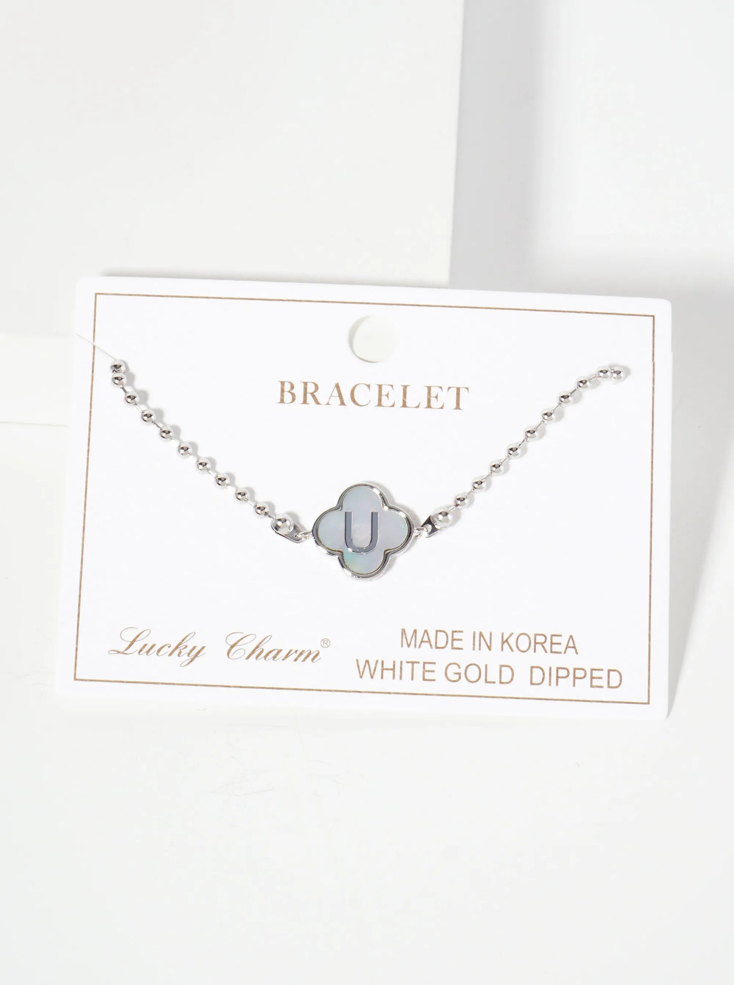 14mm 18K-Gold-Dipped Brass Mother-of-Pearl Quatrefoil Initial Monogram Ball-Chain Bracelet