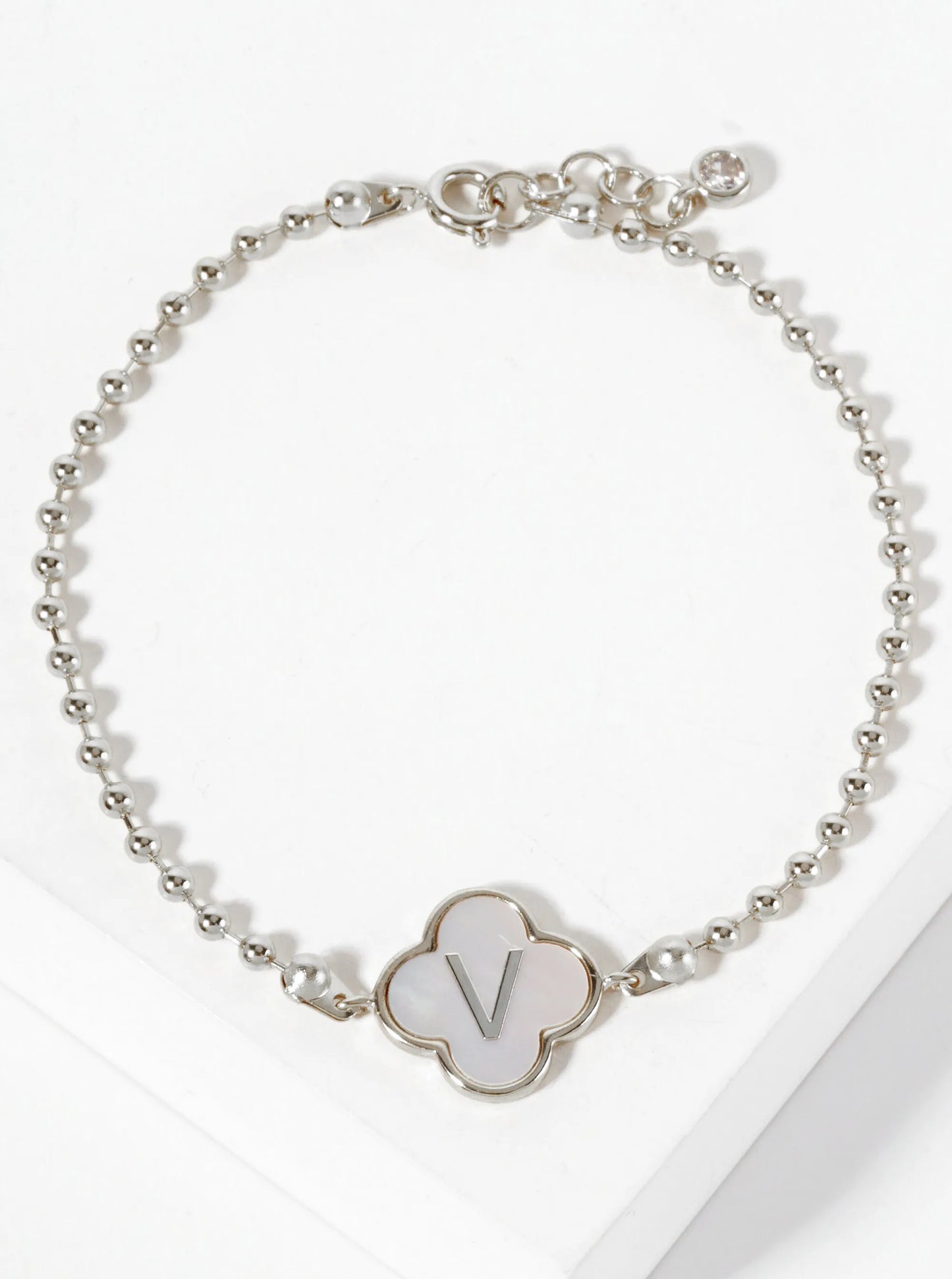 14mm 18K-Gold-Dipped Brass Mother-of-Pearl Quatrefoil Initial Monogram Ball-Chain Bracelet