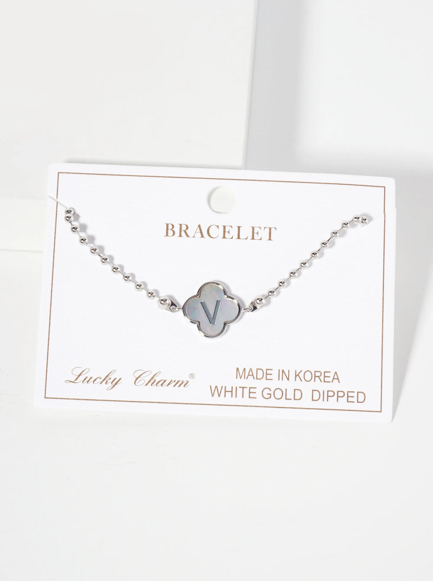 14mm 18K-Gold-Dipped Brass Mother-of-Pearl Quatrefoil Initial Monogram Ball-Chain Bracelet