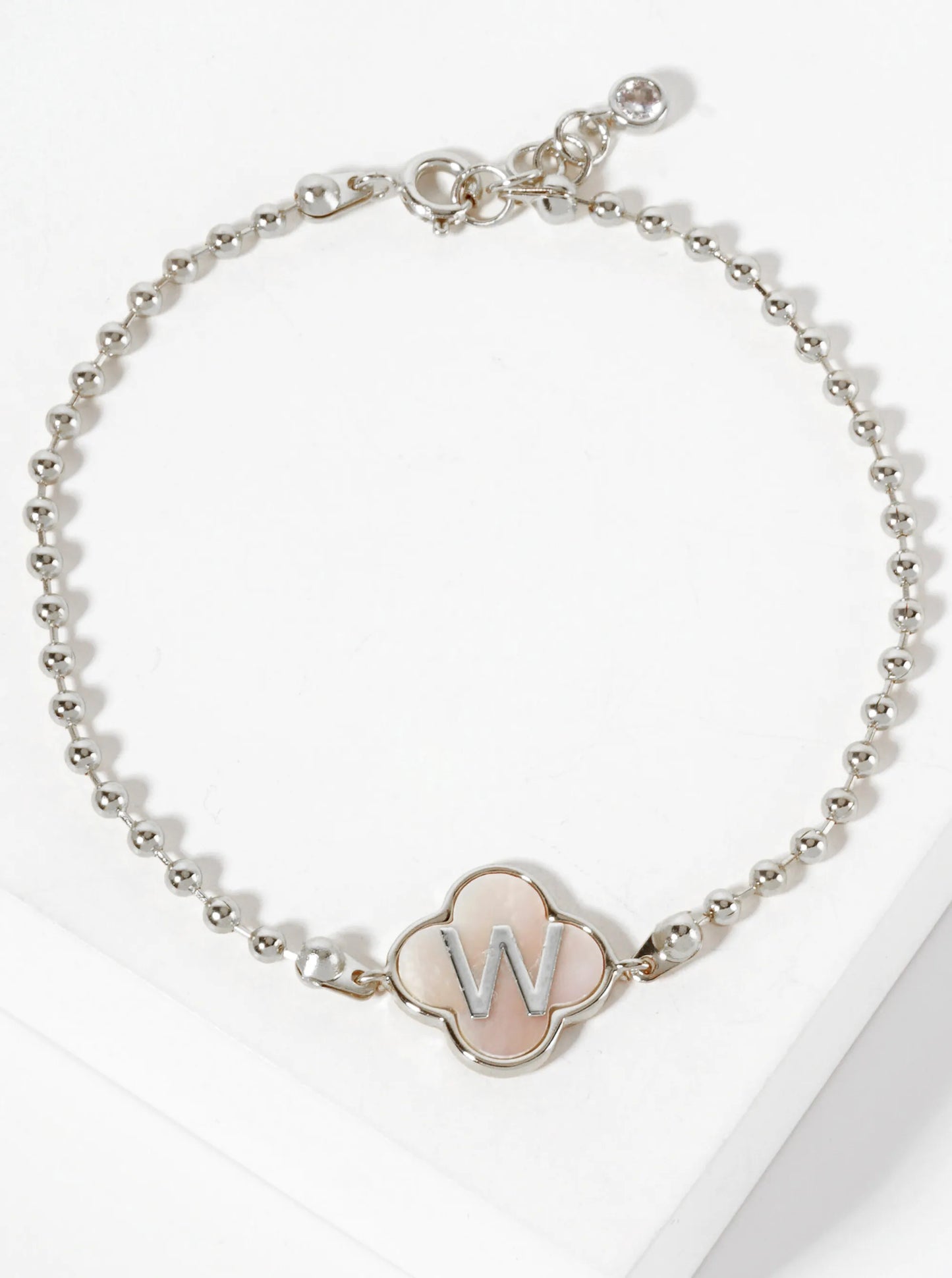 14mm 18K-Gold-Dipped Brass Mother-of-Pearl Quatrefoil Initial Monogram Ball-Chain Bracelet