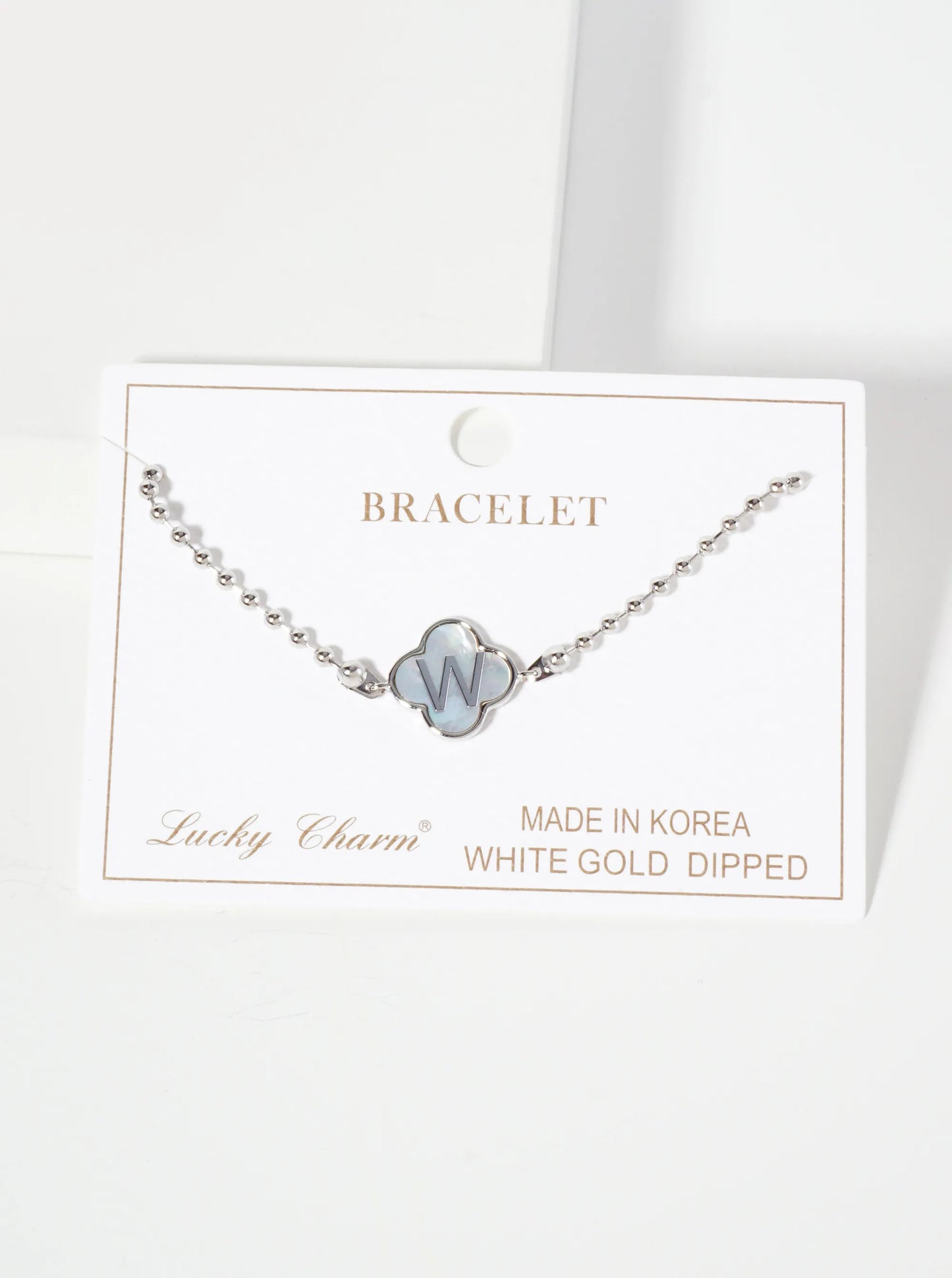 14mm 18K-Gold-Dipped Brass Mother-of-Pearl Quatrefoil Initial Monogram Ball-Chain Bracelet