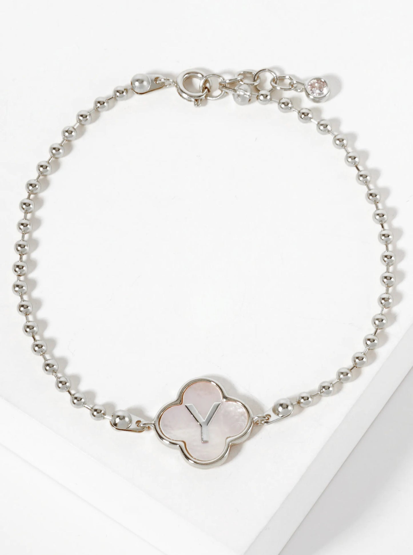 14mm 18K-Gold-Dipped Brass Mother-of-Pearl Quatrefoil Initial Monogram Ball-Chain Bracelet