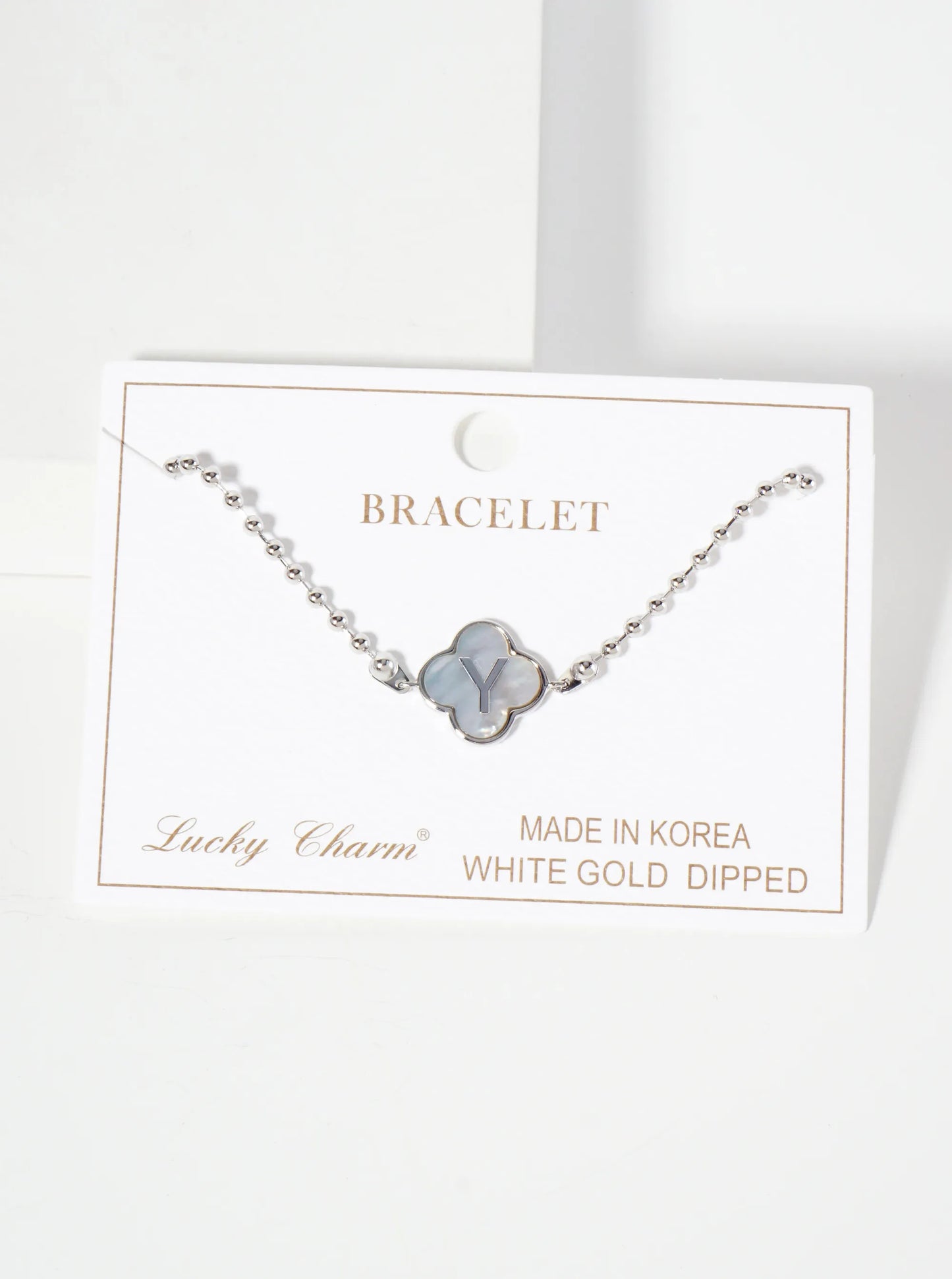 14mm 18K-Gold-Dipped Brass Mother-of-Pearl Quatrefoil Initial Monogram Ball-Chain Bracelet